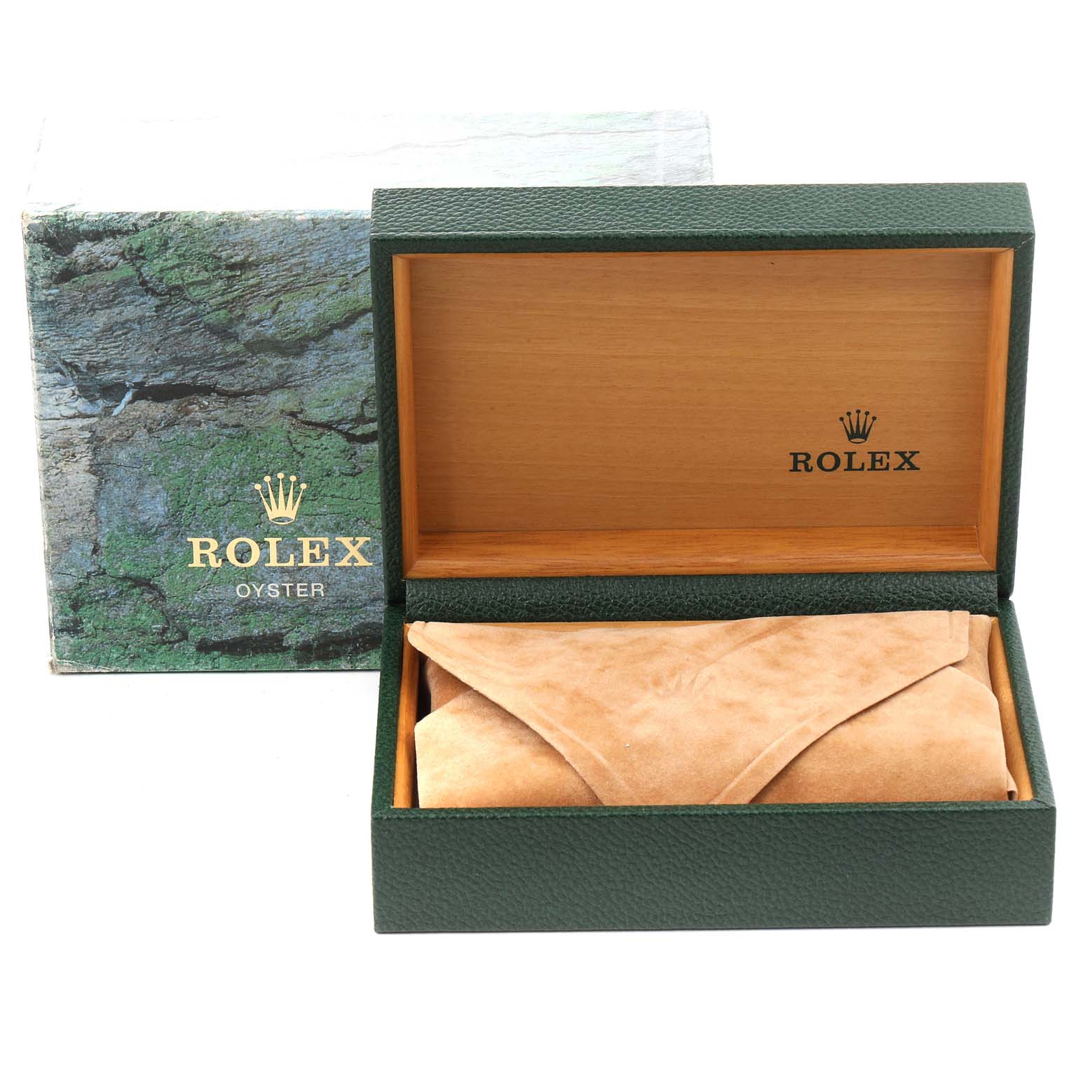 The image shows a Rolex Air-King 14010 Men's Stainless Steel Black Dial 14010 Men's Stainless Steel Black Dial watch box open, revealing its interior along with an outer packaging box.