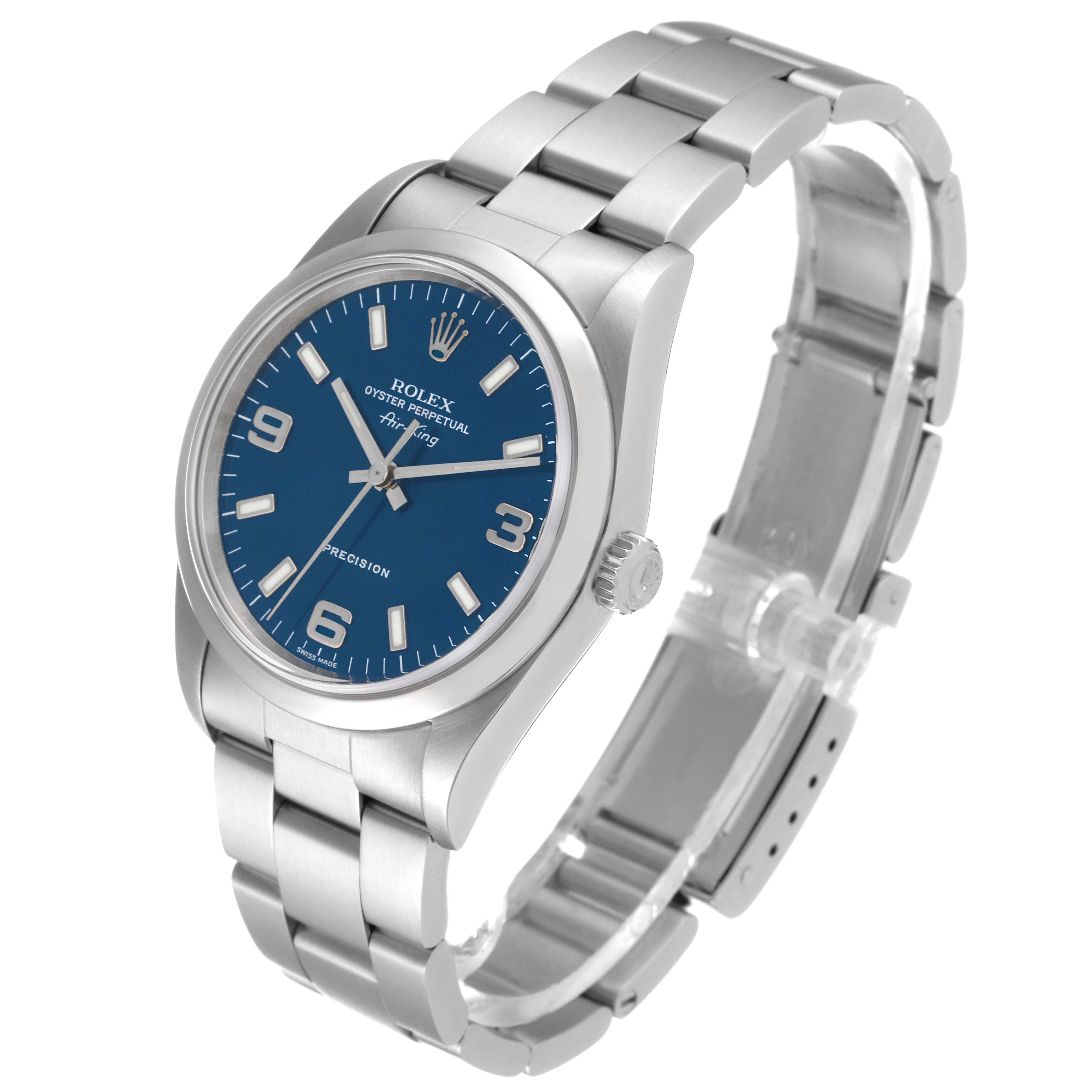 This image shows a Rolex Air-King 14000M Men's Stainless Steel Blue Dial 14000M Men's Stainless Steel Blue Dial model watch from an angled side view showcasing the dial, bezel, crown, and bracelet.