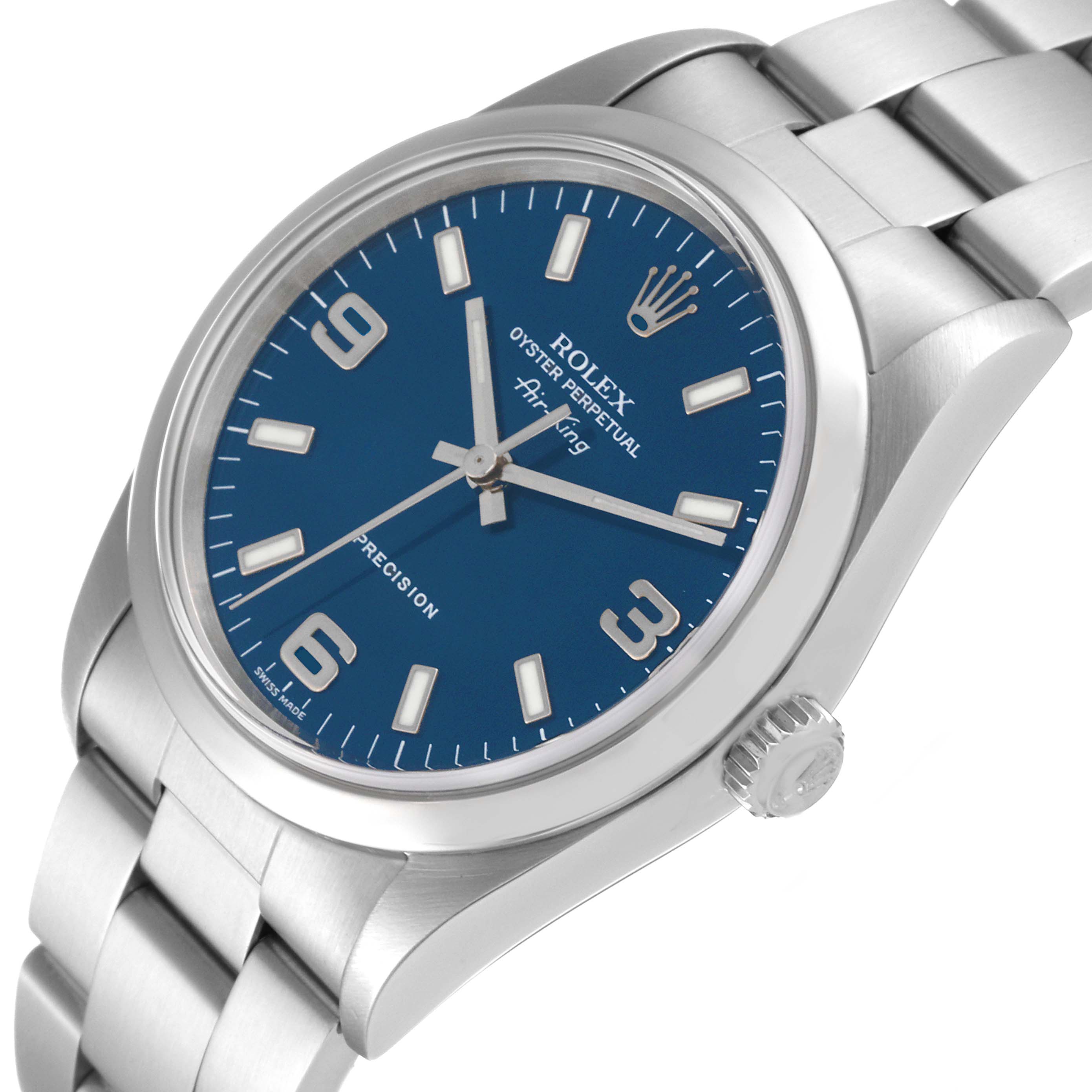 The image shows a Rolex Air-King 14000M Men's Stainless Steel Blue Dial 14000M Men's Stainless Steel Blue Dial watch at a slight angle, highlighting the dial, crown, and part of the bracelet.