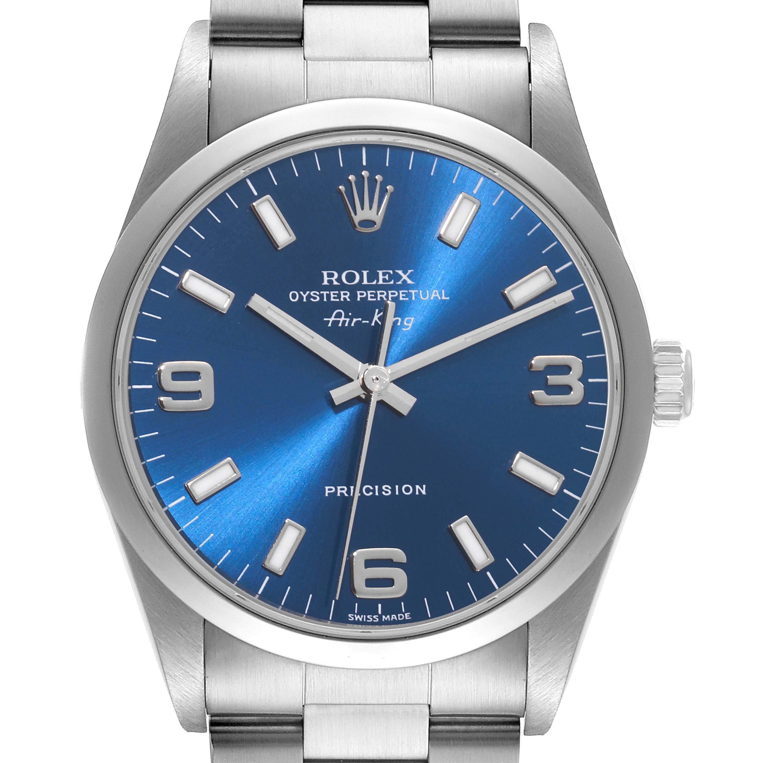 This is a front view of the Rolex Air-King 14000M Men's Stainless Steel Blue Dial 14000M Men's Stainless Steel Blue Dial watch displaying its blue dial, hour markers, hands, and crown.