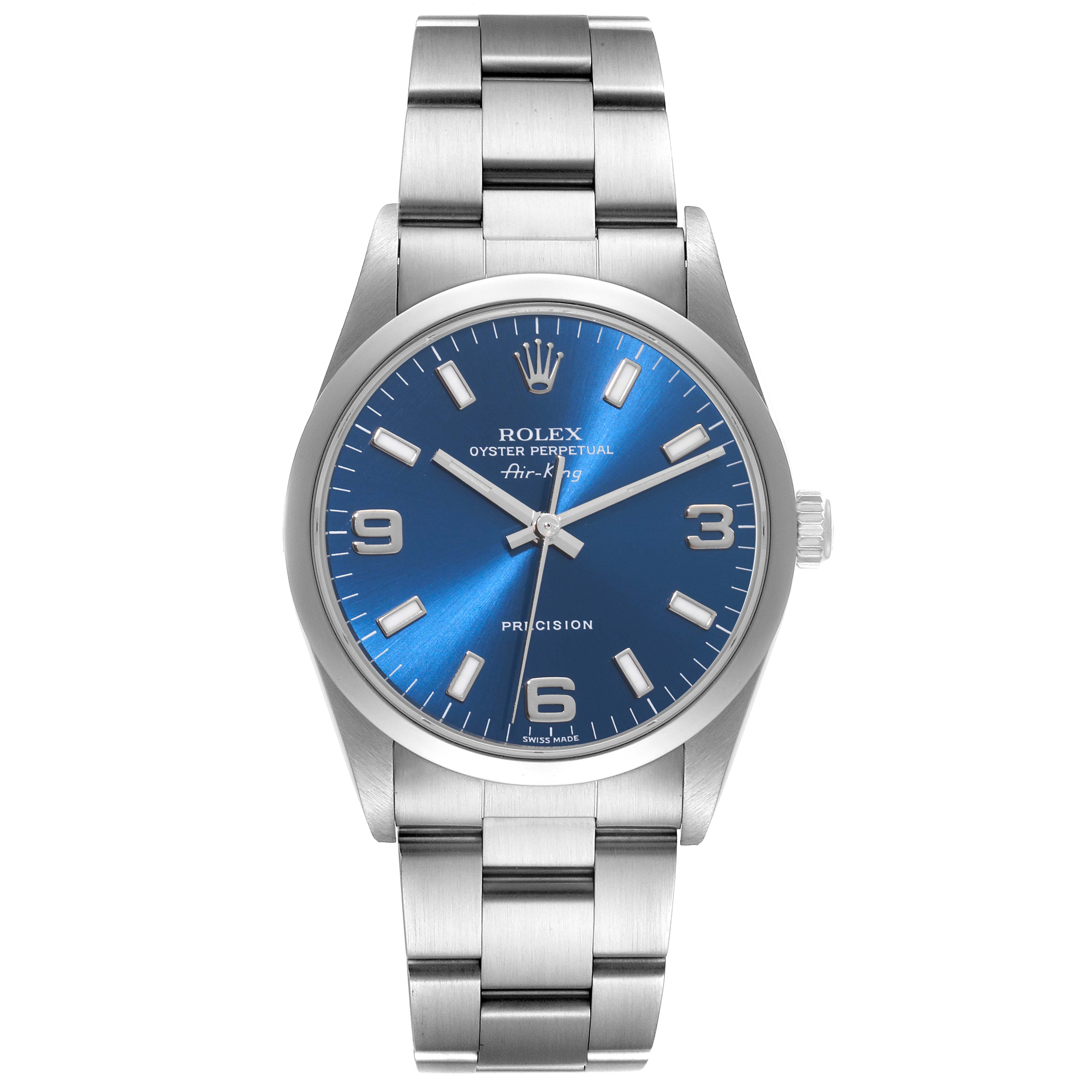 This is a frontal view of the Rolex Air-King 14000M Men's Stainless Steel Blue Dial 14000M Men's Stainless Steel Blue Dial, showcasing its blue dial, silver hour markers, and stainless steel bracelet.