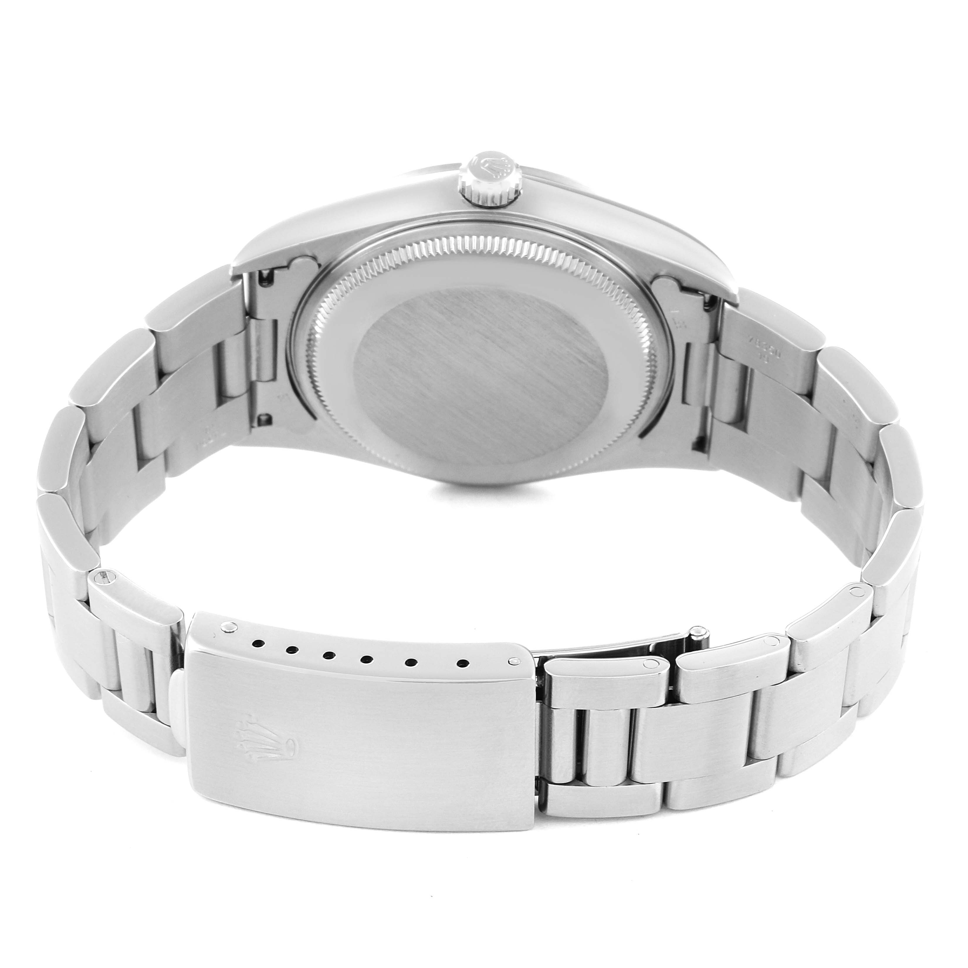 The image shows the back side and bracelet of a Rolex Air-King 14000M Men's Stainless Steel Blue Dial 14000M Men's Stainless Steel Blue Dial watch, featuring the closed fold-over clasp and case back.