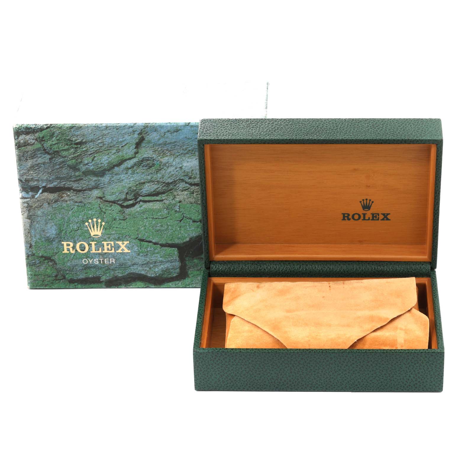 This image shows the open box and pouch for a Rolex Air-King 14000M Men's Stainless Steel Blue Dial 14000M Men's Stainless Steel Blue Dial watch, highlighting the presentation and storage accessories.