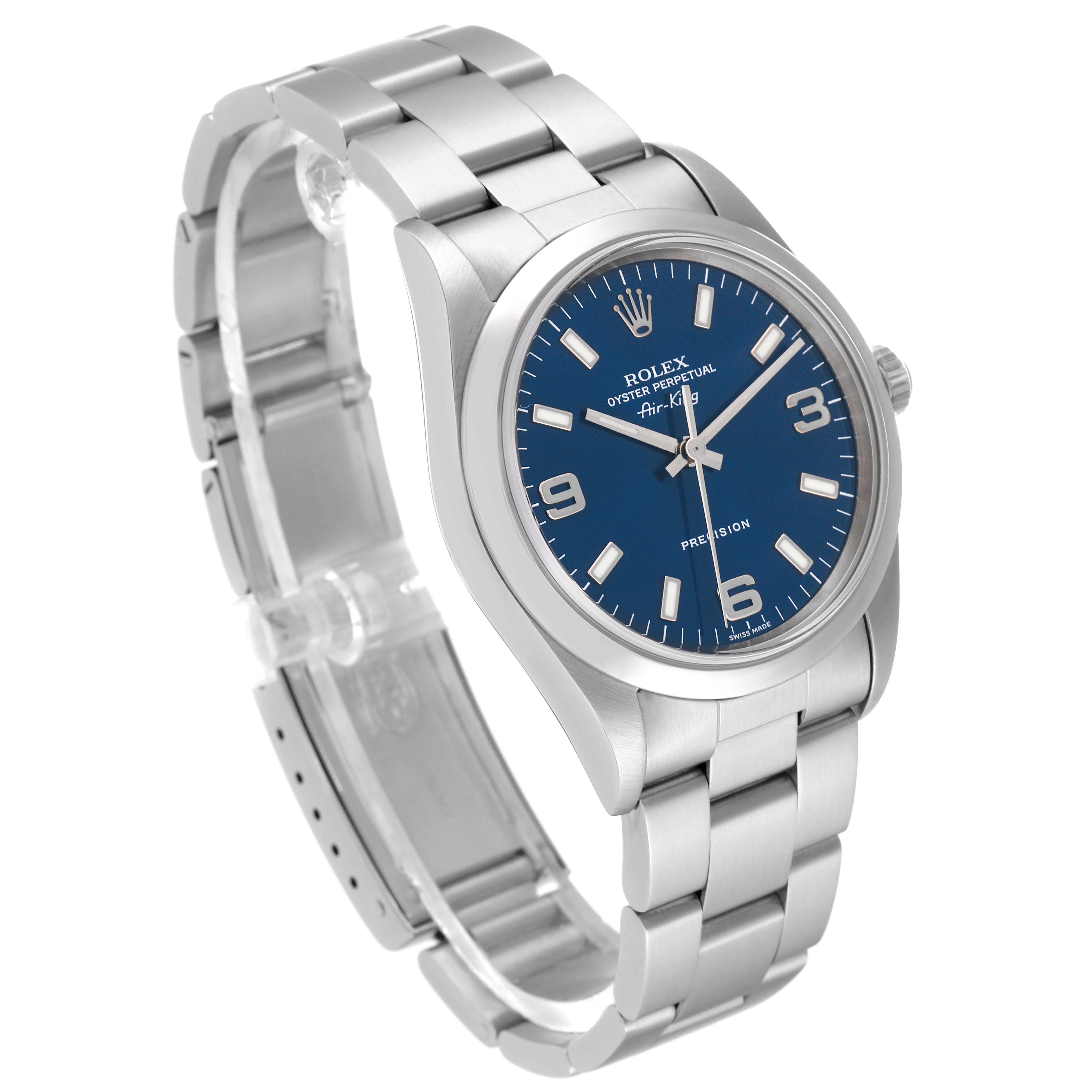 The image shows a side-view angle of a Rolex Air-King 14000M Men's Stainless Steel Blue Dial 14000M Men's Stainless Steel Blue Dial watch, displaying its blue dial, stainless steel case, and bracelet.