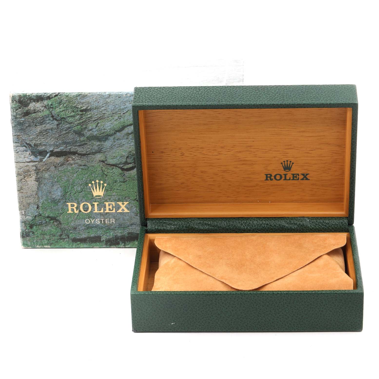 The image shows an open Rolex Air-King 14000 Men's Stainless Steel Silver Dial 14000 Men's Stainless Steel Silver Dial watch box with a tan suede envelope inside, alongside an outer green Rolex box.