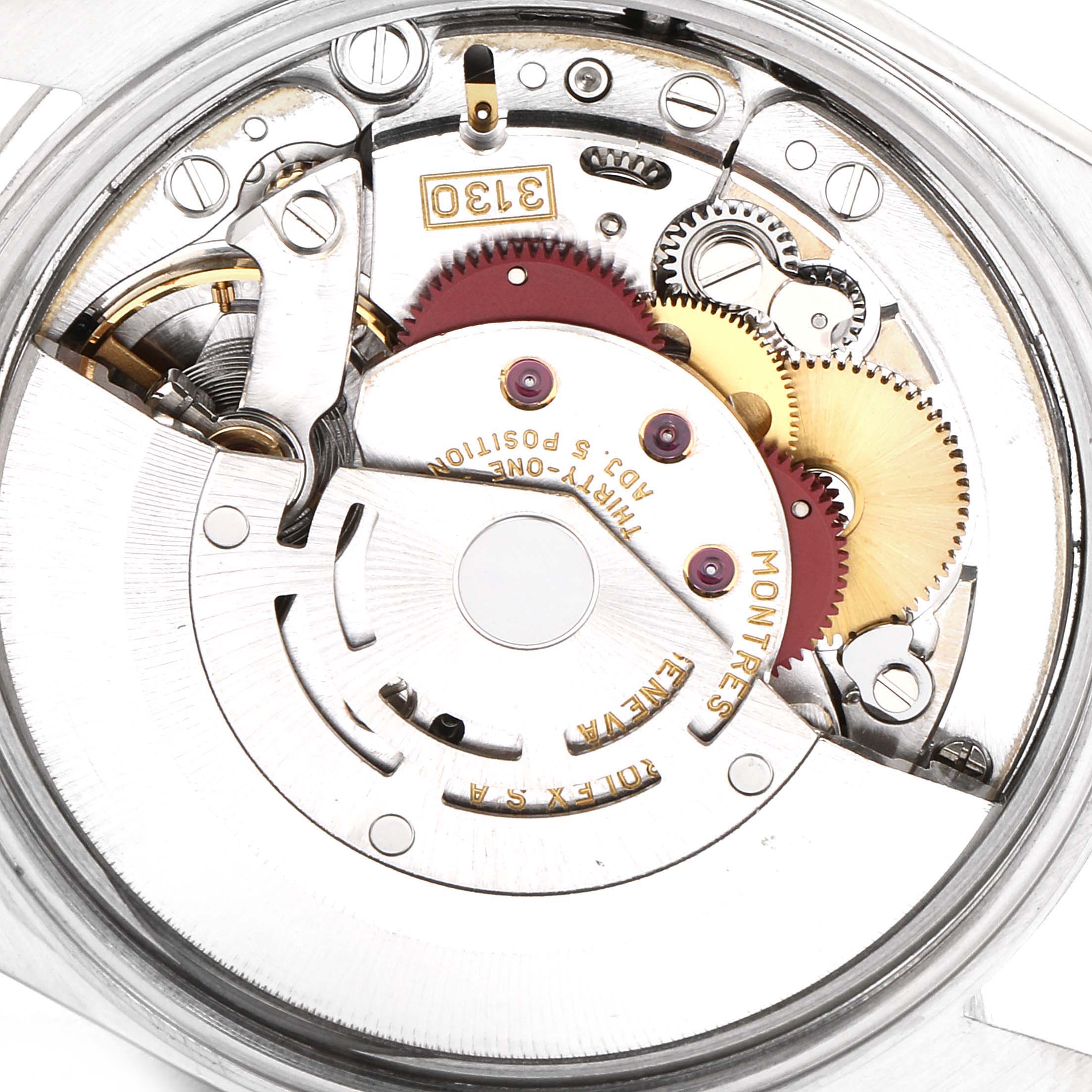 This image shows a close-up of the internal mechanism of a Rolex Air-King 14000 Men's Stainless Steel Silver Dial 14000 Men's Stainless Steel Silver Dial watch, highlighting gears and components from the back view.