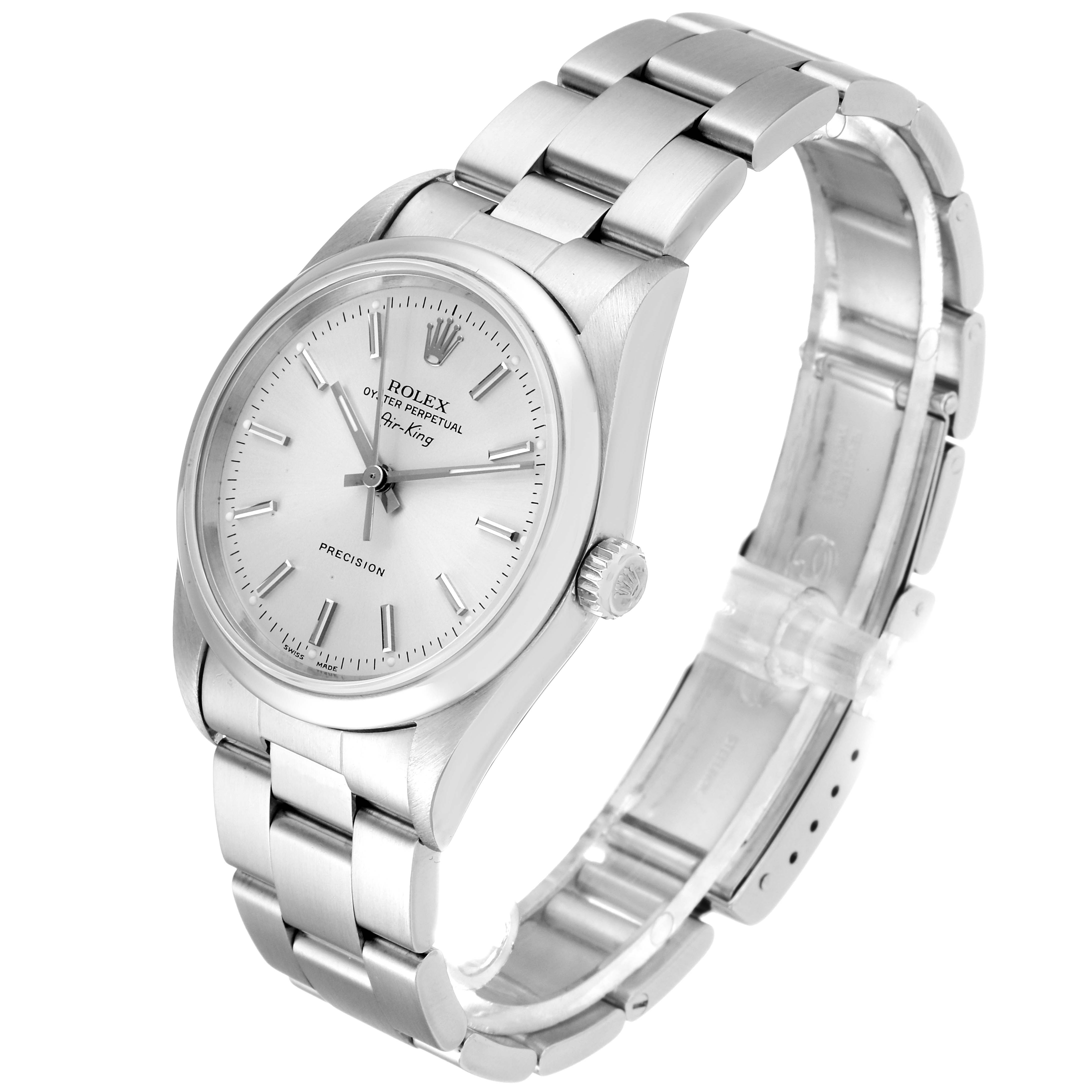 The Rolex Air-King 14000 Men's Stainless Steel Silver Dial 14000 Men's Stainless Steel Silver Dial watch is shown at a side angle, featuring its face, crown, and metallic bracelet.