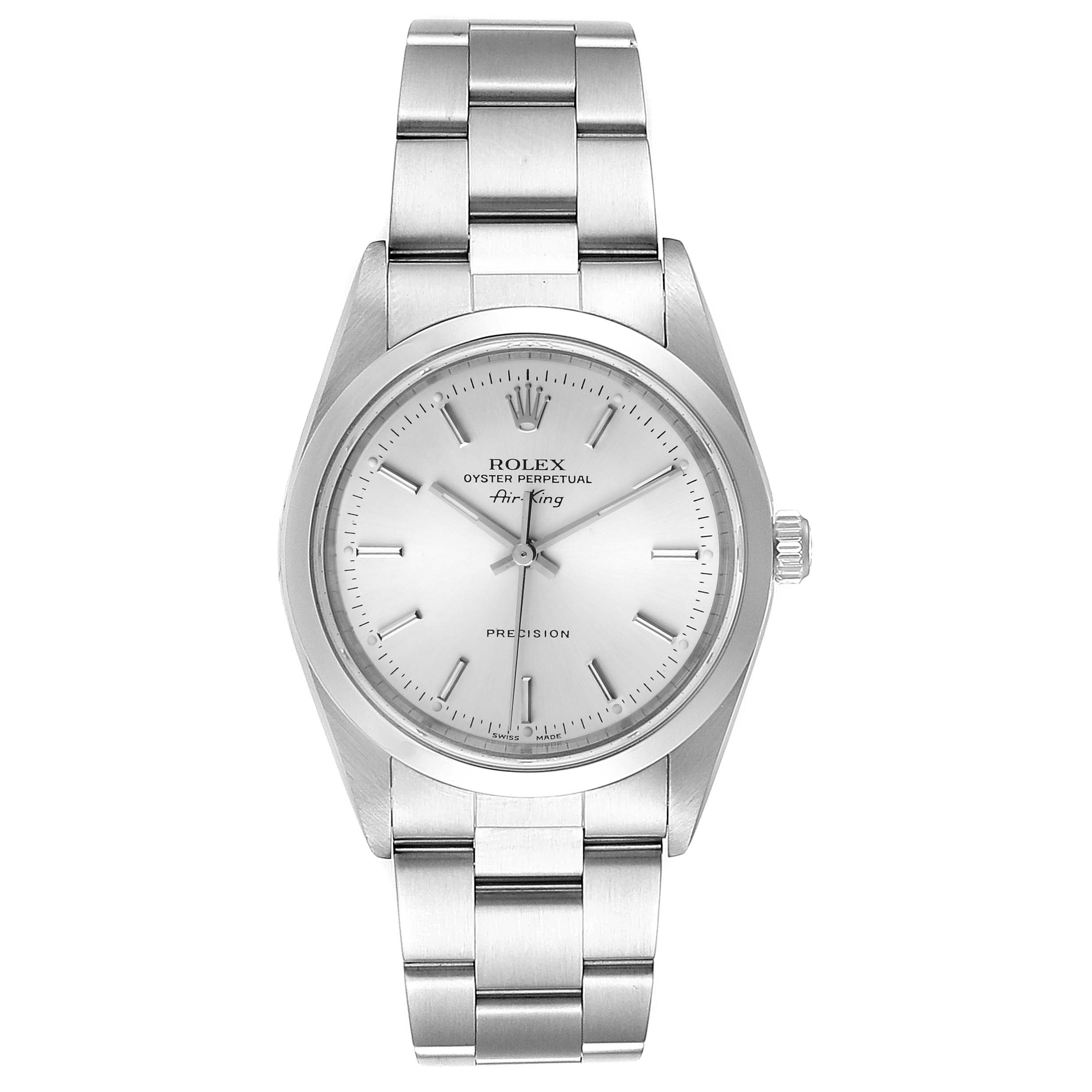 The image shows a front view of the Rolex Air-King 14000 Men's Stainless Steel Silver Dial 14000 Men's Stainless Steel Silver Dial watch, displaying the face, bezel, and bracelet.