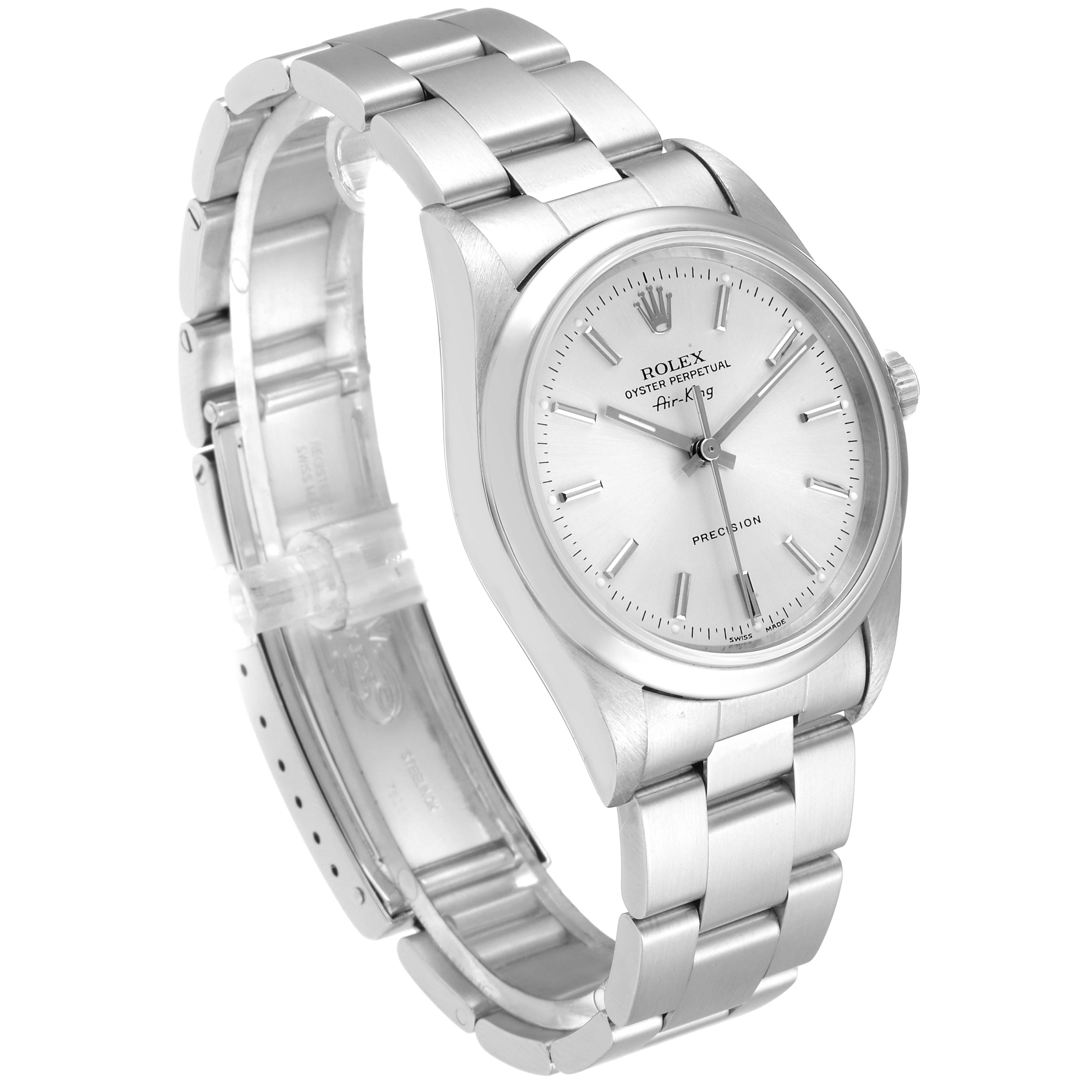 The image shows a Rolex Air-King 14000 Men's Stainless Steel Silver Dial 14000 Men's Stainless Steel Silver Dial watch at a slight angle, highlighting its silver dial, case, and metal bracelet.