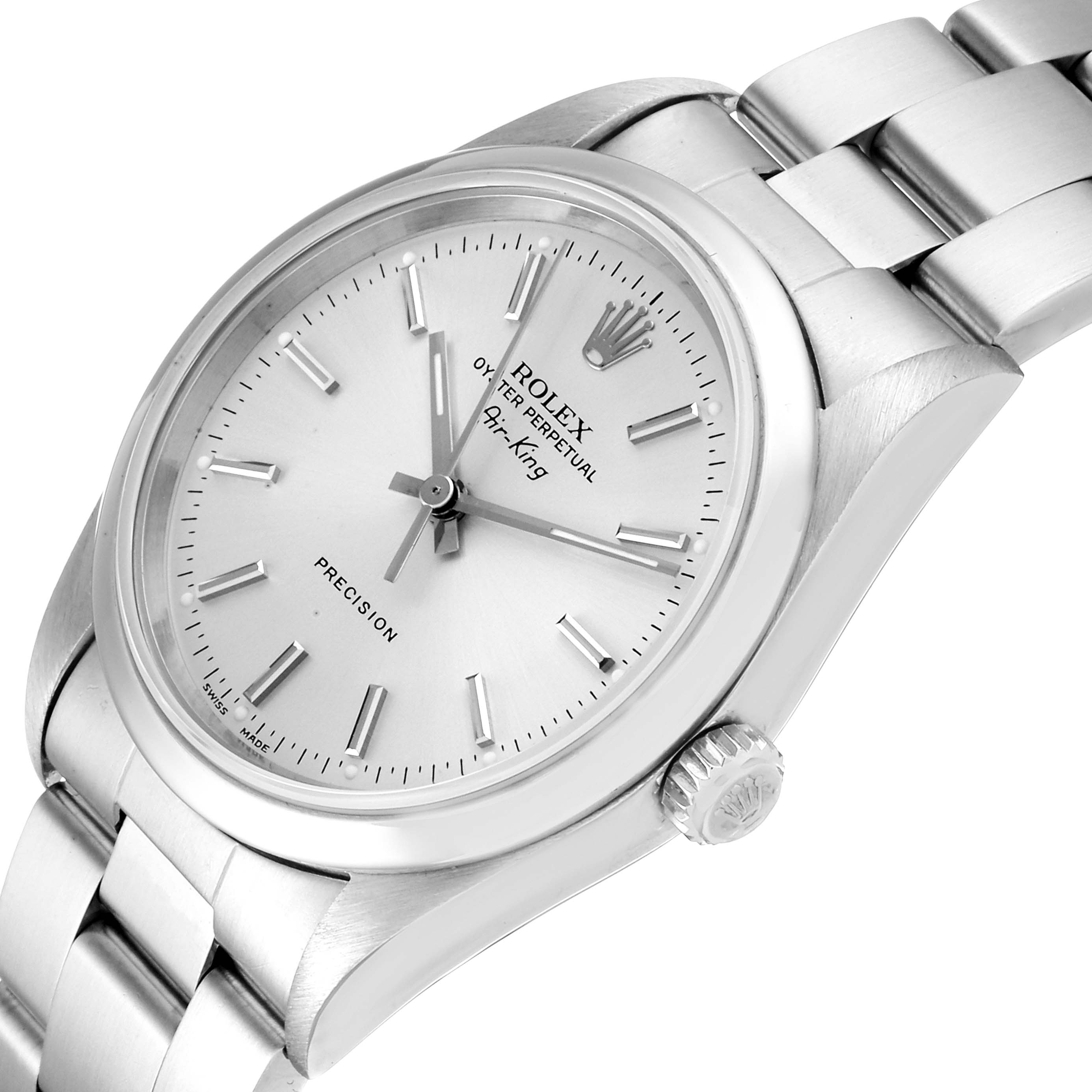 The image shows a close-up, angled view of the Rolex Air-King 14000 Men's Stainless Steel Silver Dial 14000 Men's Stainless Steel Silver Dial watch, highlighting the dial, crown, and part of the bracelet.