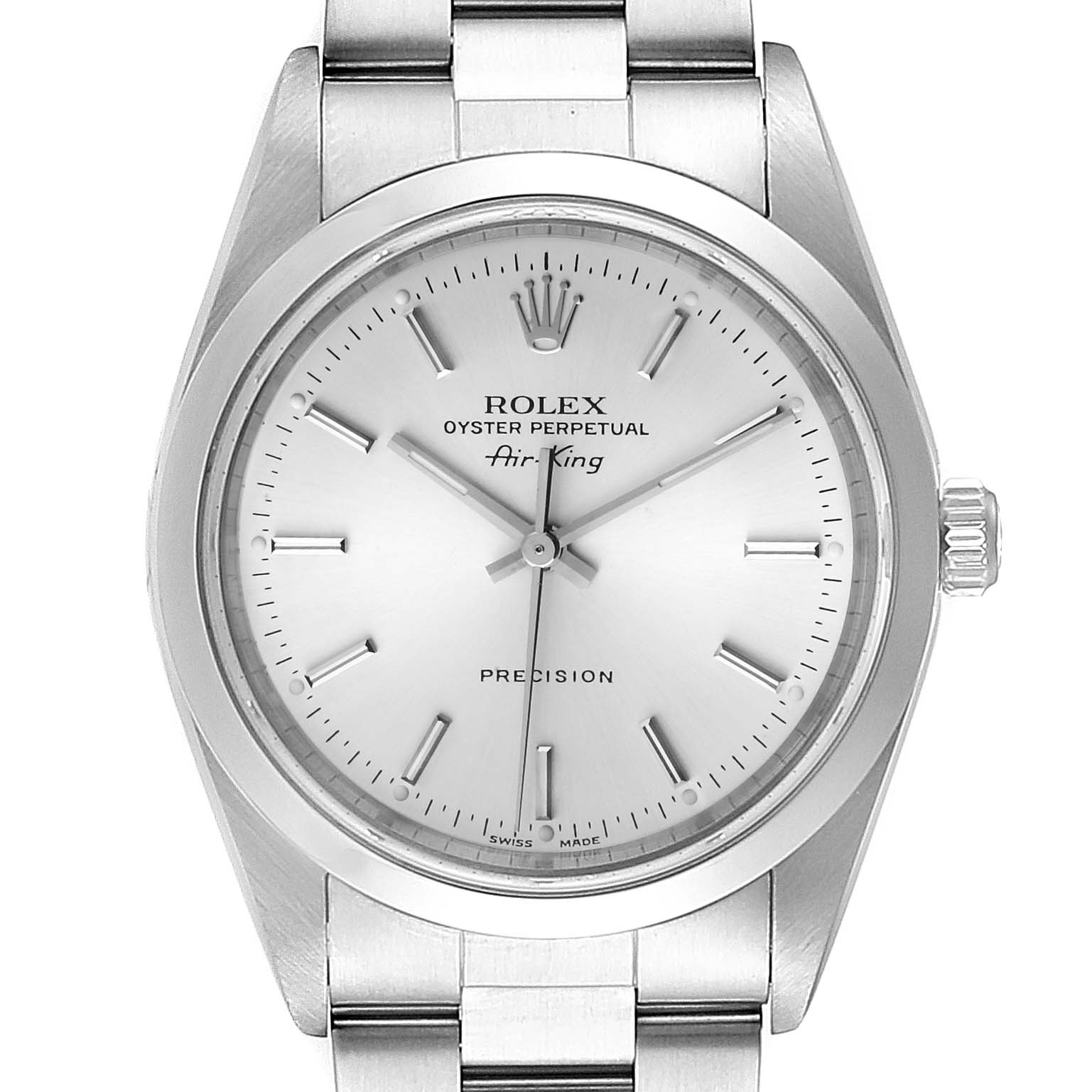 The image displays a frontal view of the Rolex Air-King 14000 Men's Stainless Steel Silver Dial 14000 Men's Stainless Steel Silver Dial watch, showcasing its dial, bracelet, crown, and bezel.