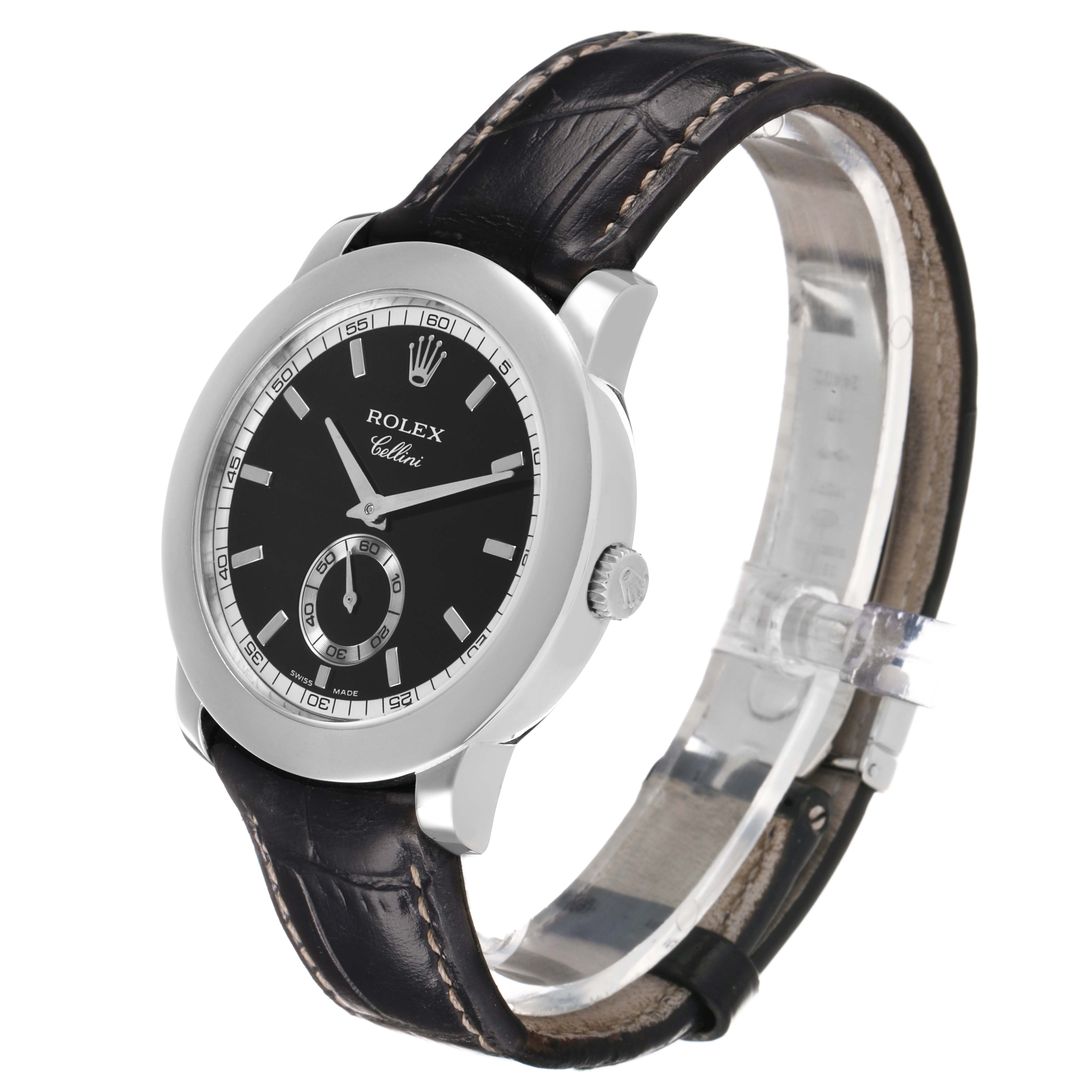 The Rolex Cellini 5241/6 Men's Platinum Black Dial watch is shown at a slight angle, highlighting the face, case, crown, and alligator leather strap.