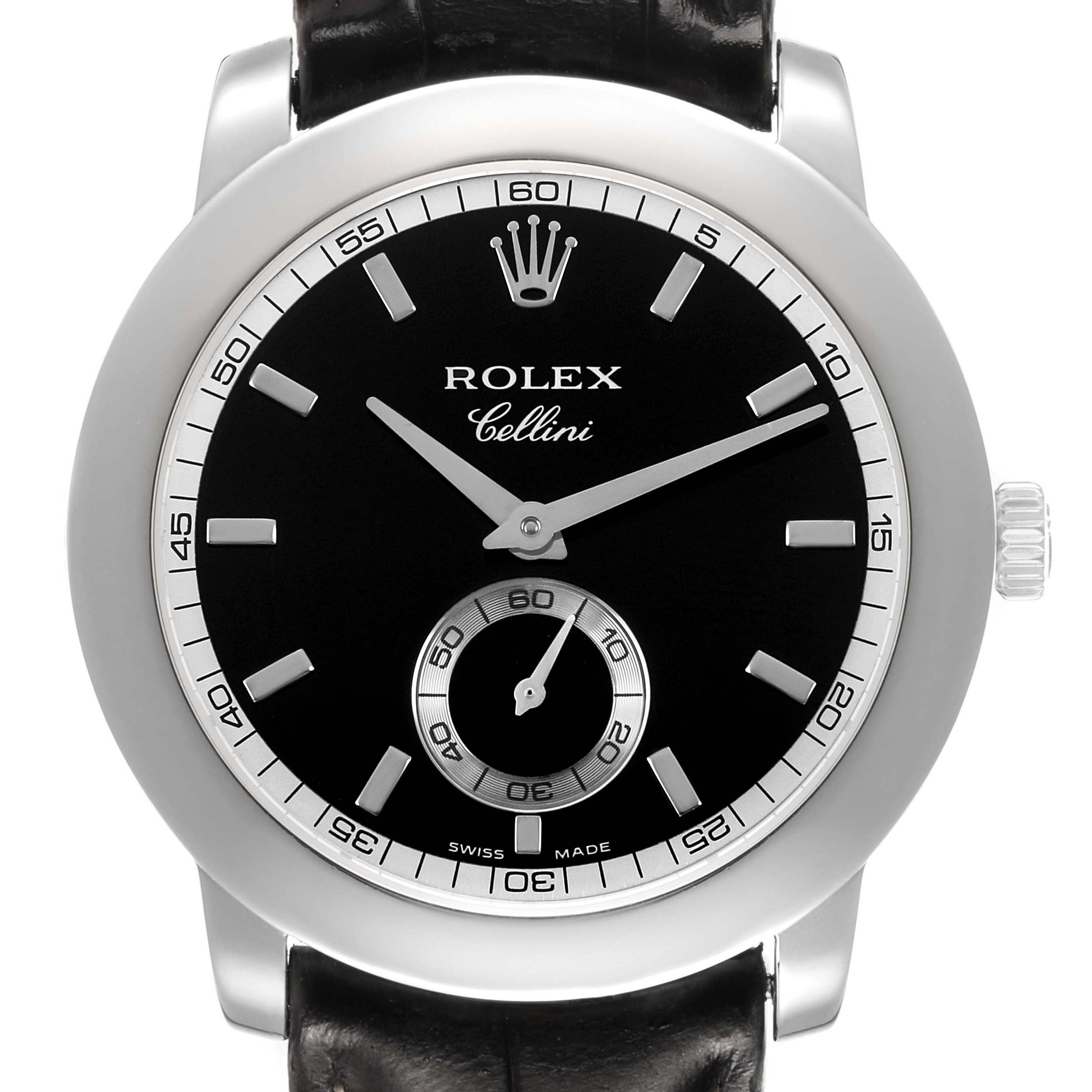 The Rolex Cellini 5241/6 Men's Platinum Black Dial watch is shown from a front view, highlighting the dial, crown, hands, and subdial.