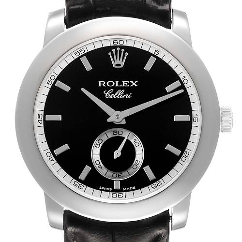 The Rolex Cellini 5241/6 Men's Platinum Black Dial watch is shown from a front angle, highlighting the dial, crown, and strap attachment.