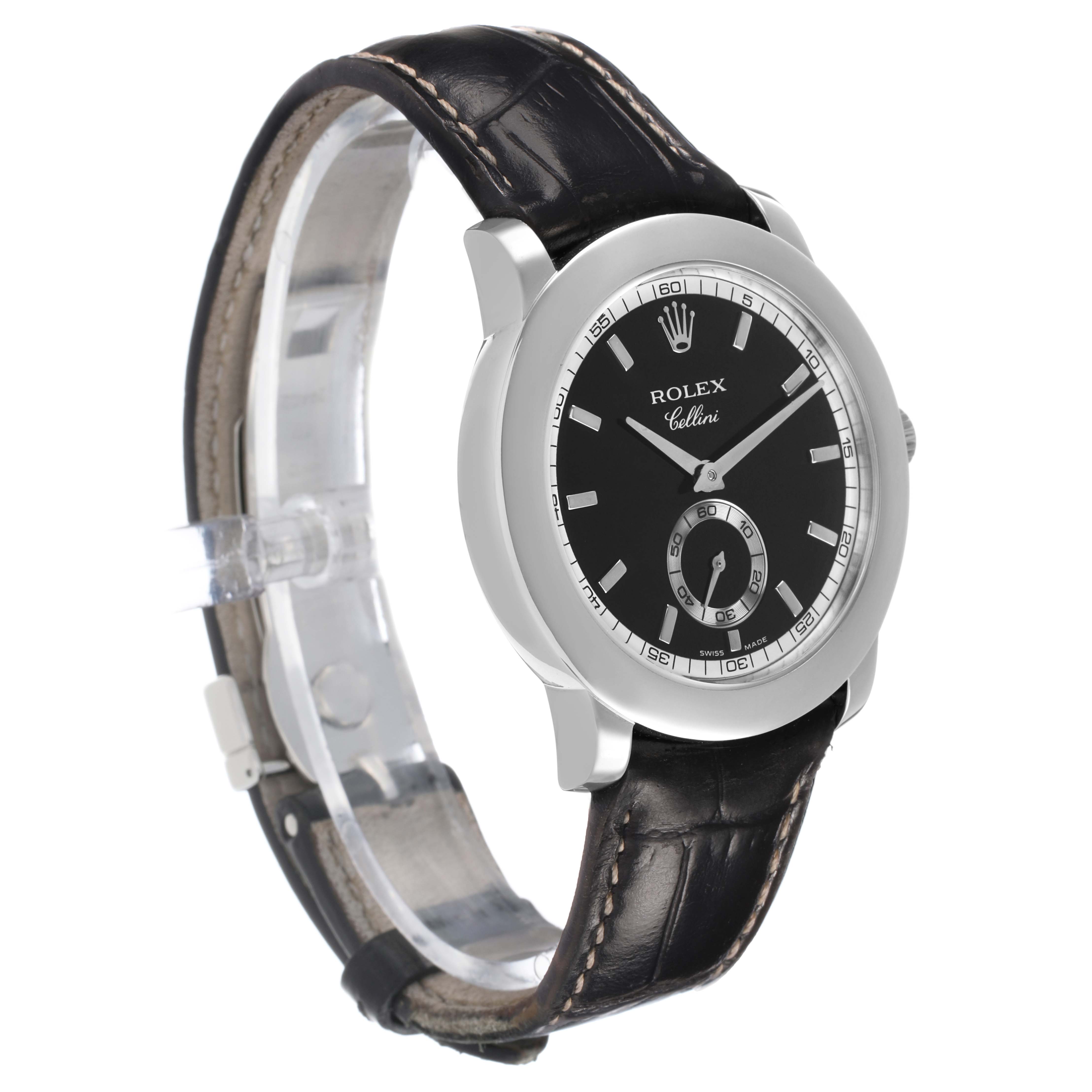 The Rolex Cellini 5241/6 Men's Platinum Black Dial watch is shown at a slight angle, featuring its face, bezel, and black leather strap.