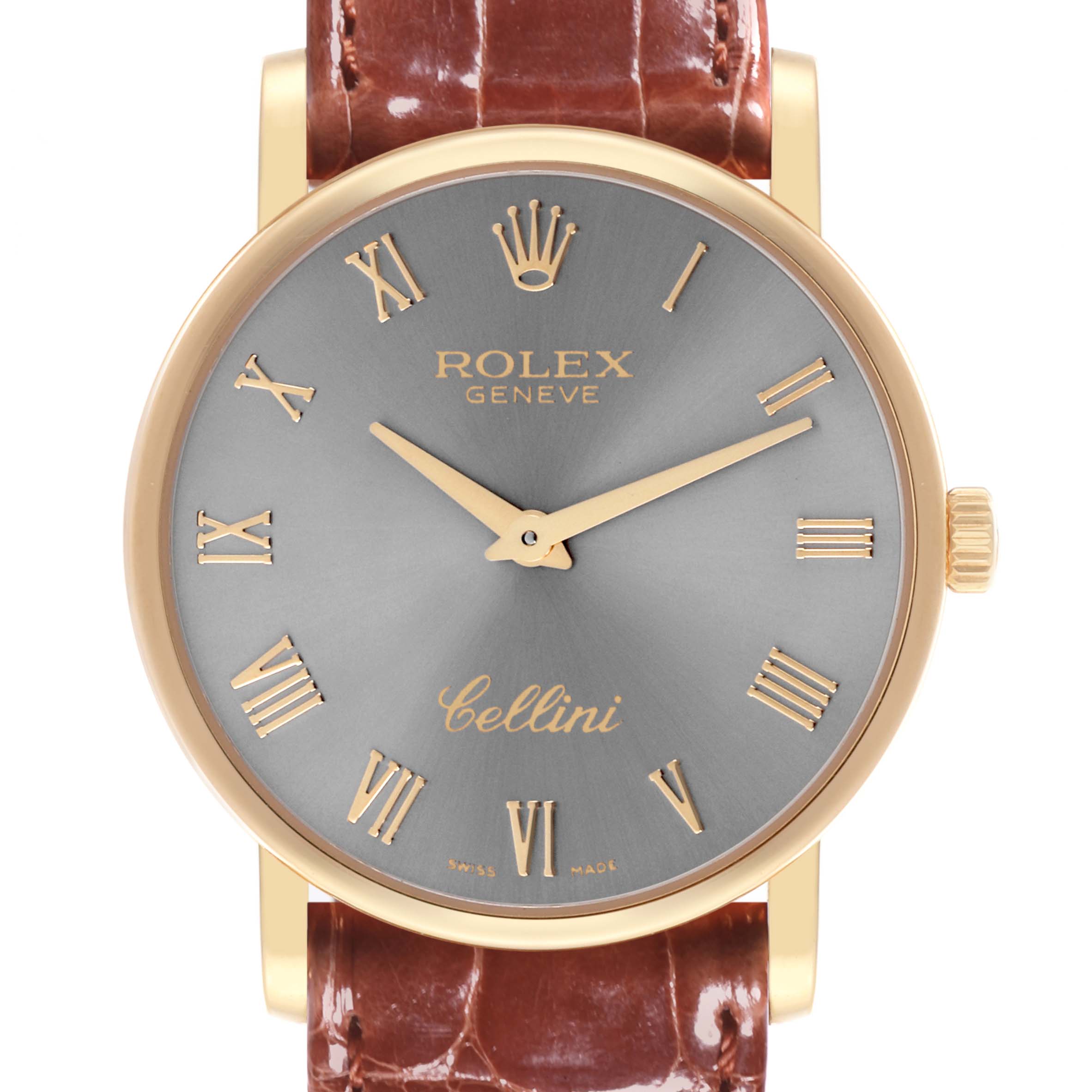 The image shows a front view of the Rolex Cellini 5115 Men's Yellow Gold Grey Dial 5115 Men's Yellow Gold Grey Dial watch, highlighting the dial, gold case, and brown leather strap.