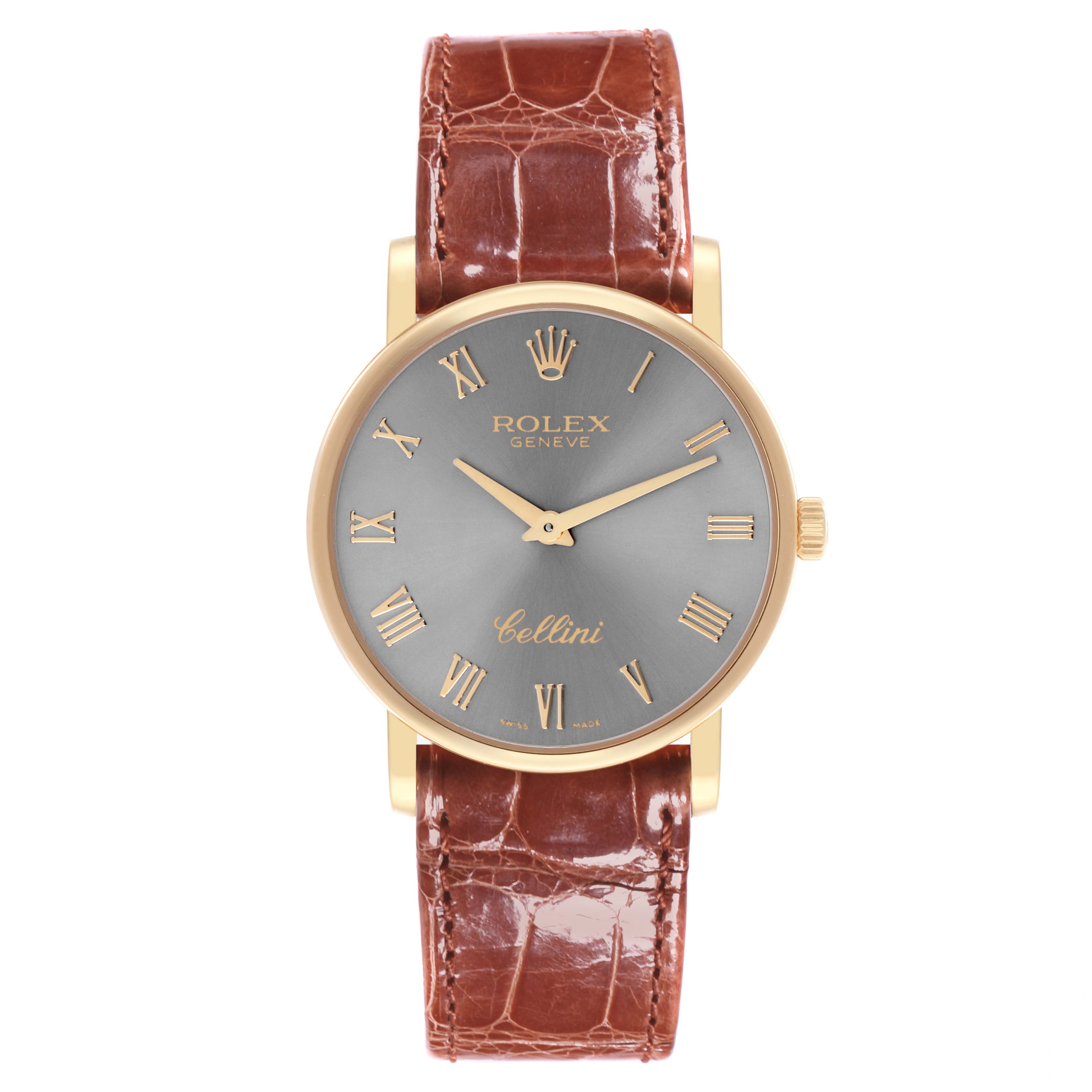 The Rolex Cellini 5115 Men's Yellow Gold Grey Dial 5115 Men's Yellow Gold Grey Dial watch is shown from a front angle, displaying its face, gold case, and brown leather strap.