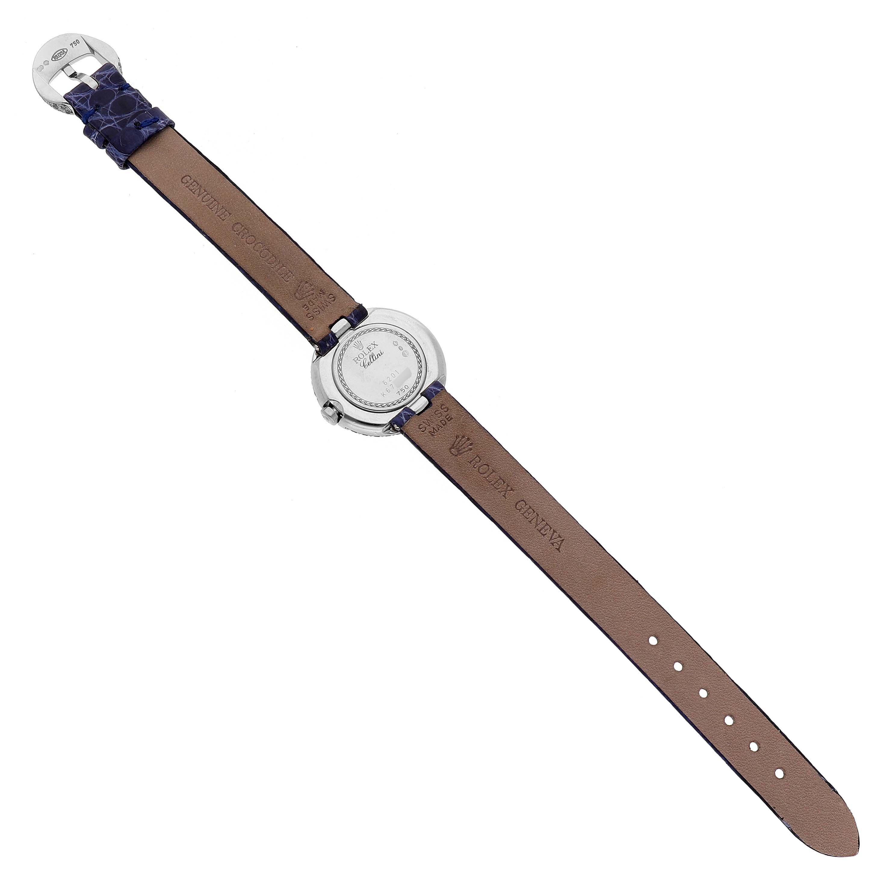 The image shows the back view of a Rolex Cellini 6201 Women's White Gold Mother of Pearl Dial watch, displaying the case back and leather strap.