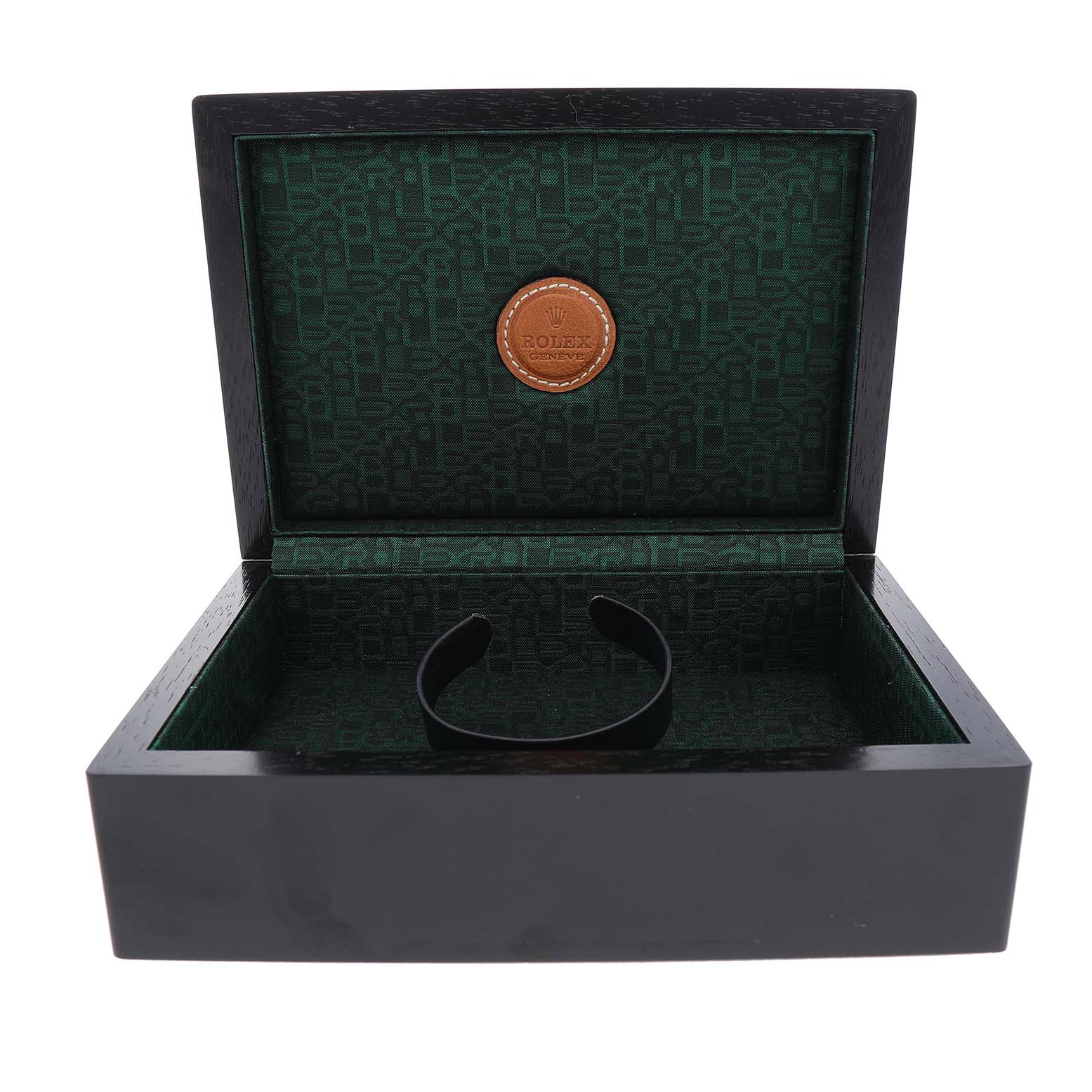 The image shows an open Rolex Cellini 6201 Women's White Gold Mother of Pearl Dial watch box with the inner lining and watch holder visible.