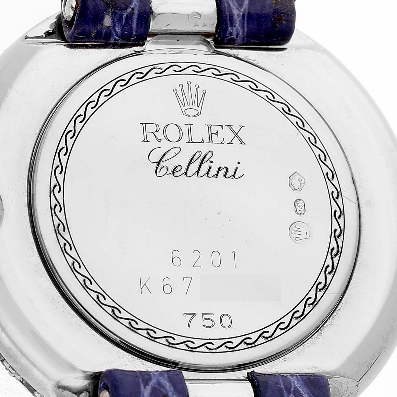 This image shows the back of a Rolex Cellini 6201 Women's White Gold Mother of Pearl Dial watch, featuring the engraved logo and model details.
