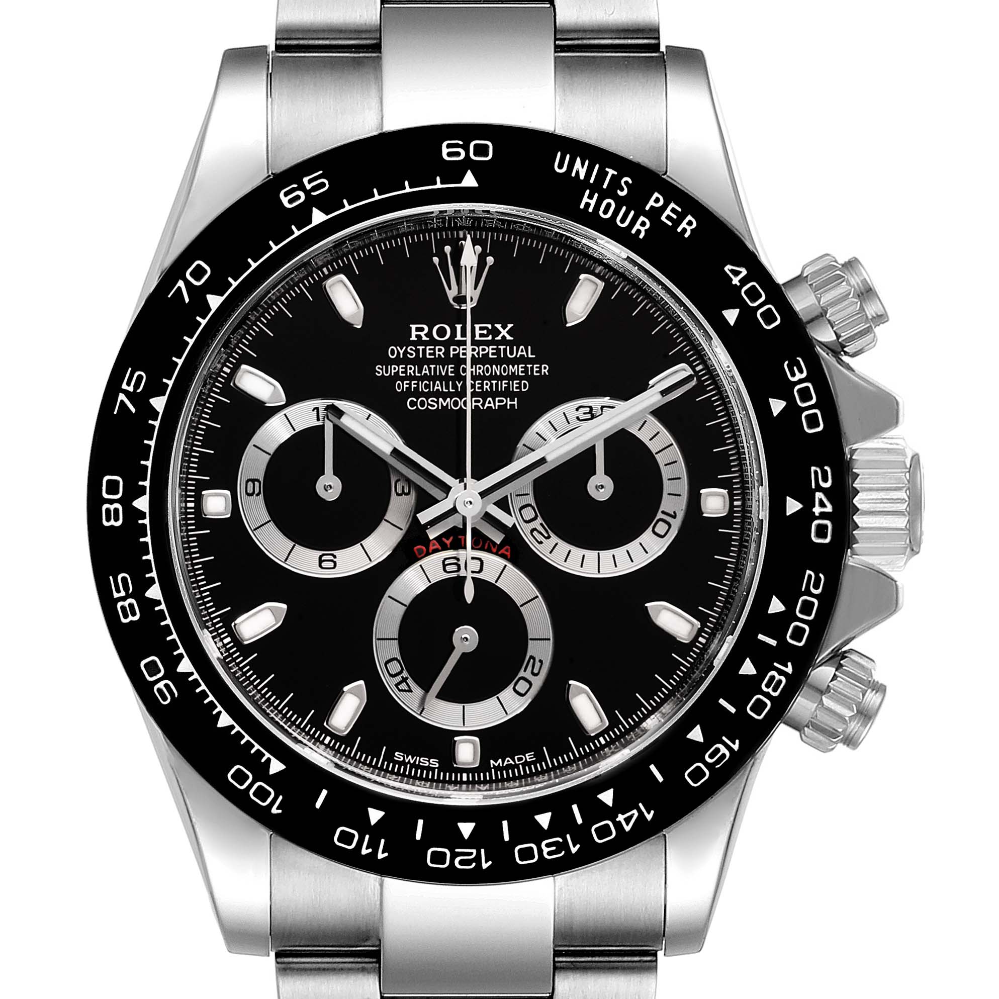 This image shows a front view of a Rolex Daytona 116500 Men
s Stainless Steel Black Dial 116500 Men
s Stainless Steel Black Dial watch, highlighting its black dial, subdials, bezel, and stainless steel bracelet.