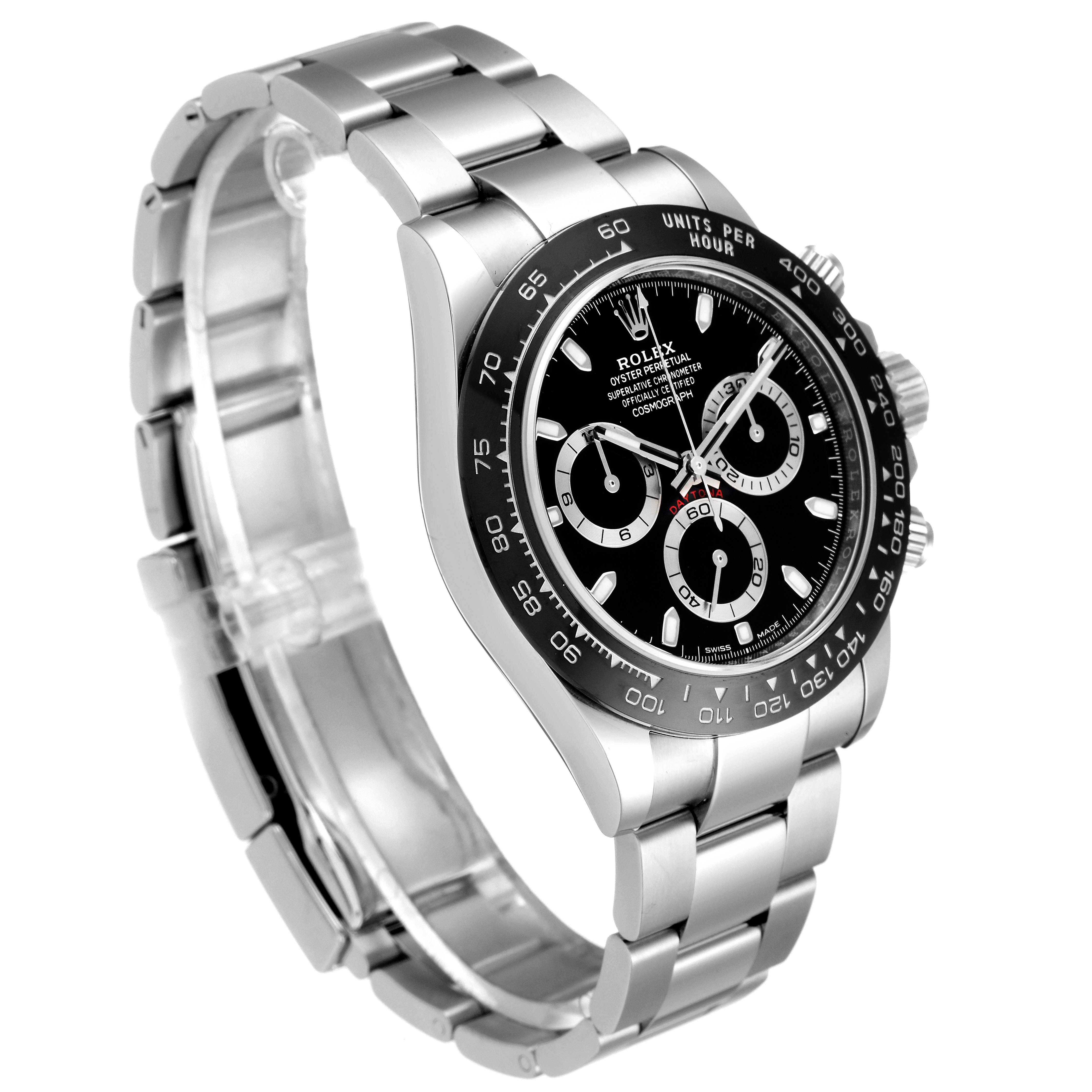 The image shows a side and slight front angle of a Rolex Daytona 116500 Men
s Stainless Steel Black Dial 116500 Men
s Stainless Steel Black Dial watch, highlighting the face, bezel, and bracelet.