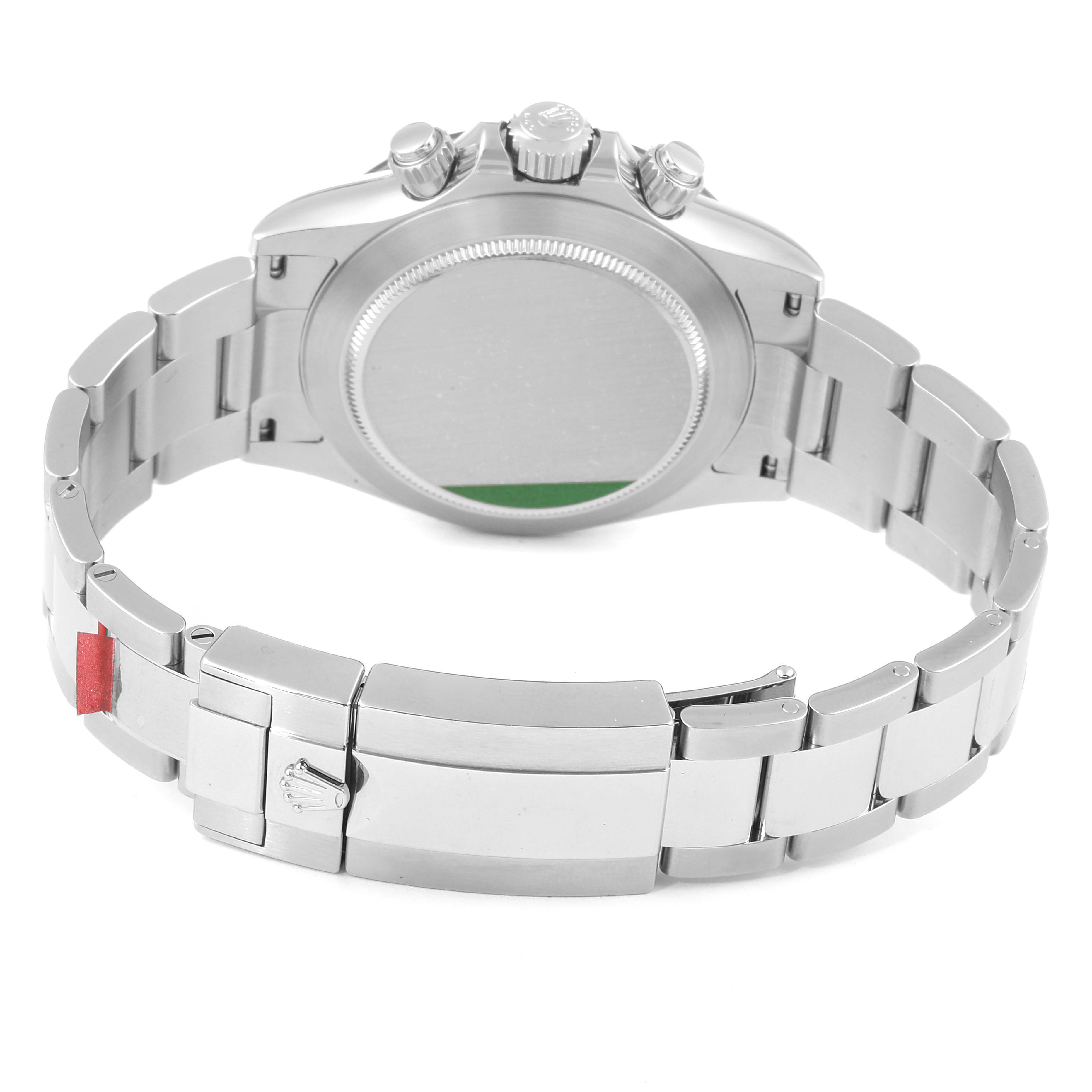 The image shows the backside and bracelet of a Rolex Daytona 116500 Men
s Stainless Steel Black Dial 116500 Men
s Stainless Steel Black Dial watch, highlighting the clasp and case back.