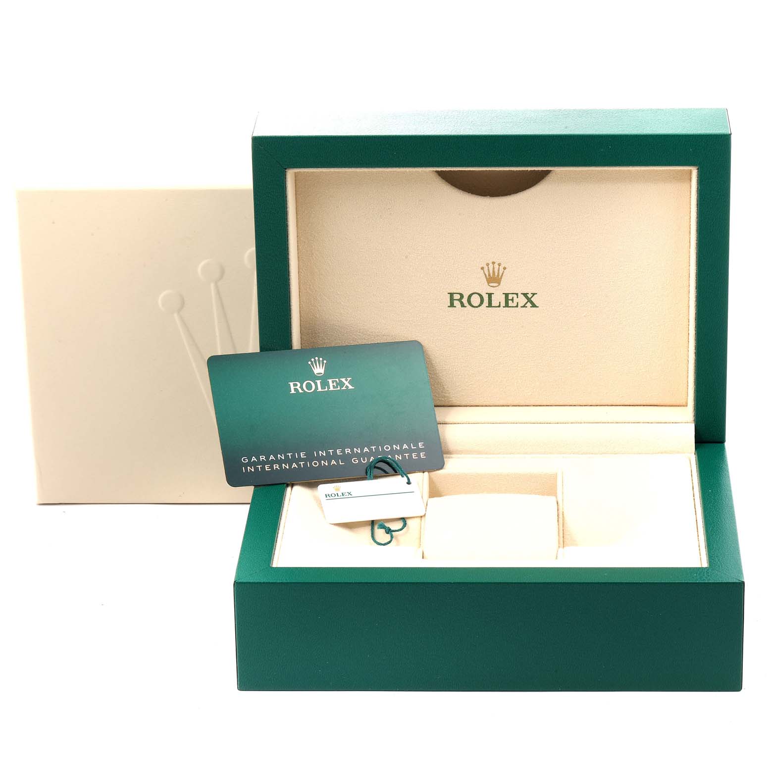 This image shows a Rolex Daytona 116500 Men
s Stainless Steel Black Dial 116500 Men
s Stainless Steel Black Dial watch box with the international guarantee card displayed in front.