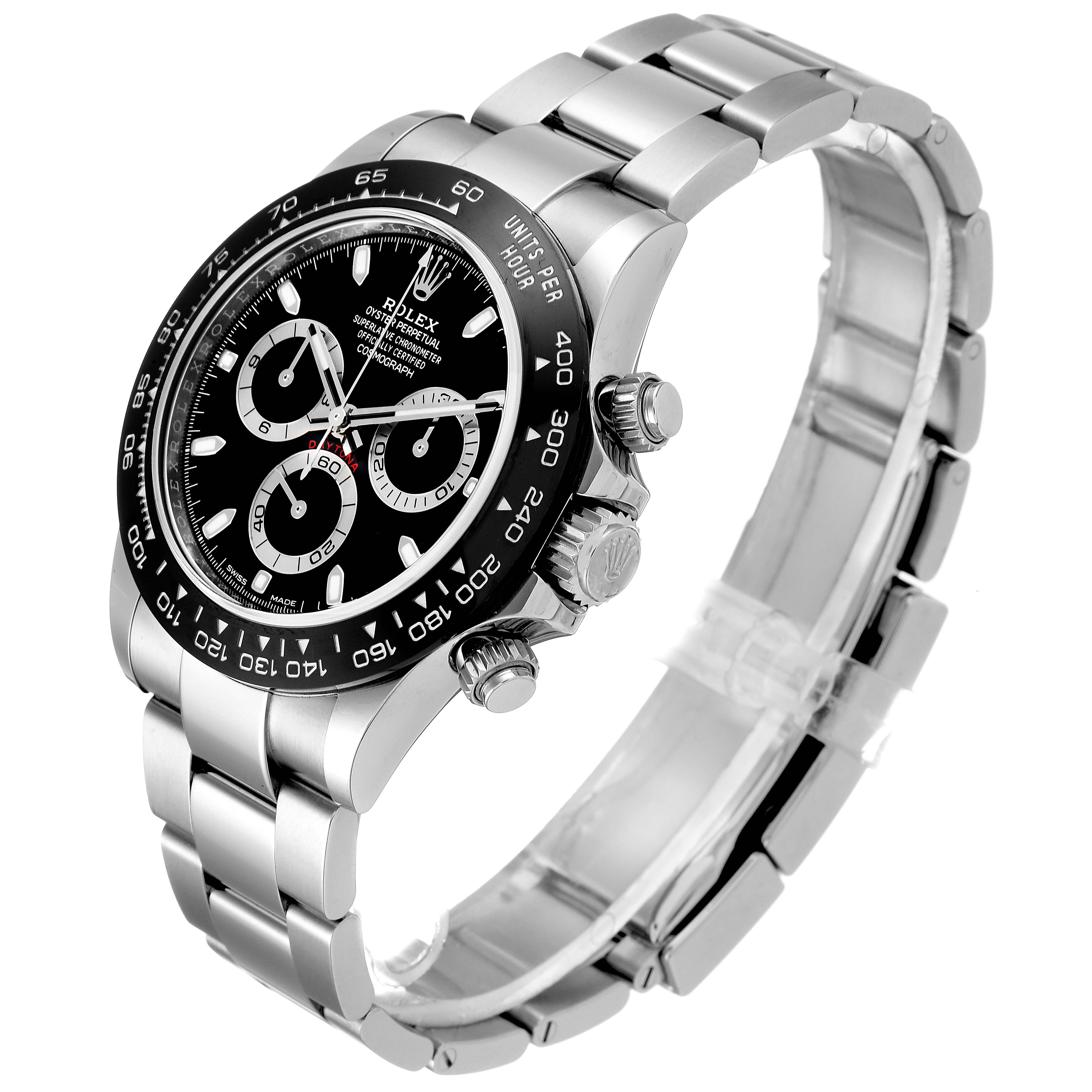 The Rolex Daytona 116500 Men
s Stainless Steel Black Dial 116500 Men
s Stainless Steel Black Dial watch is shown at a slight angle, displaying the dial, bezel, crown, and part of the bracelet.