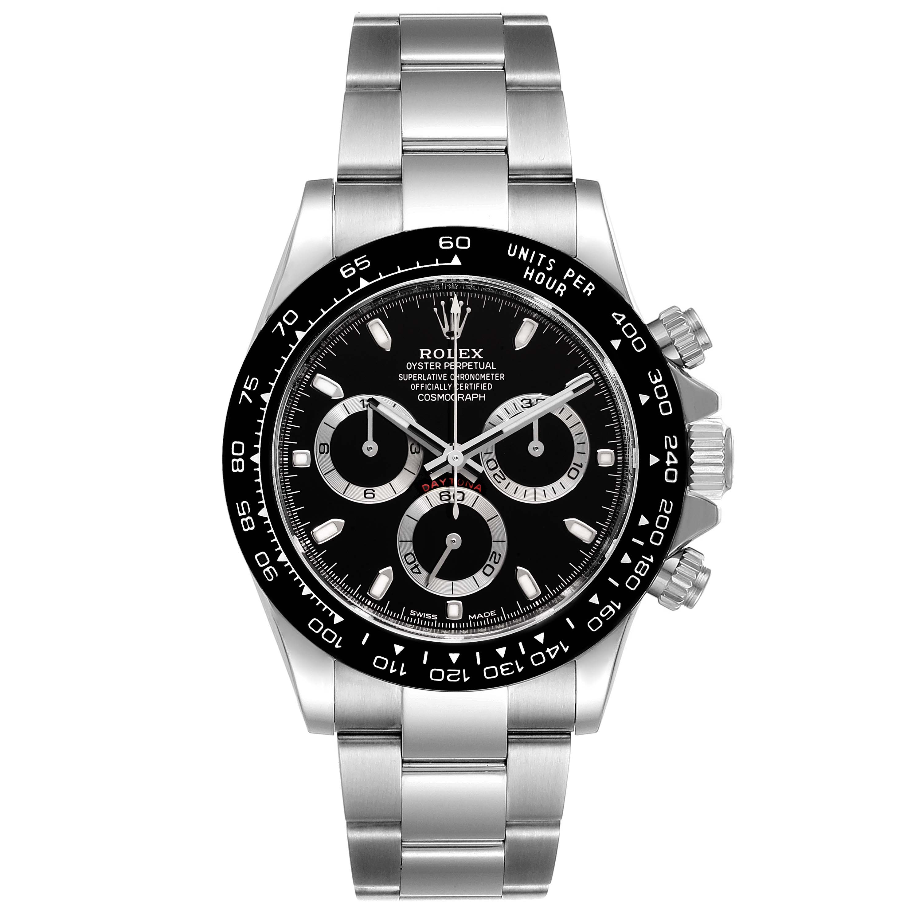The image shows a front view of the Rolex Daytona 116500 Men
s Stainless Steel Black Dial 116500 Men
s Stainless Steel Black Dial, highlighting its black dial, chronograph subdials, and stainless steel bracelet.