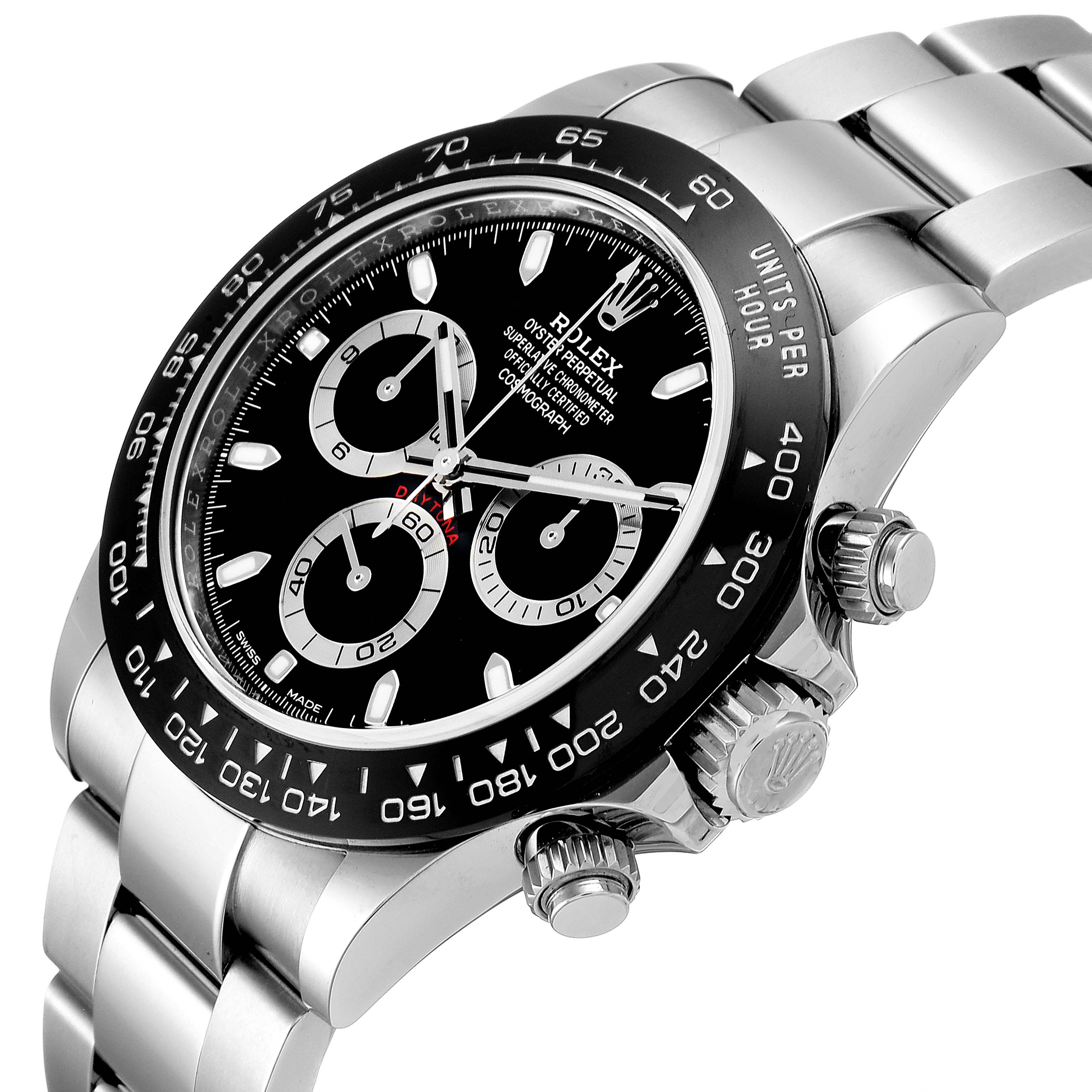 The Rolex Daytona 116500 Men
s Stainless Steel Black Dial 116500 Men
s Stainless Steel Black Dial watch is shown at an oblique angle highlighting its black dial, chronograph sub-dials, bezel, and stainless steel bracelet.