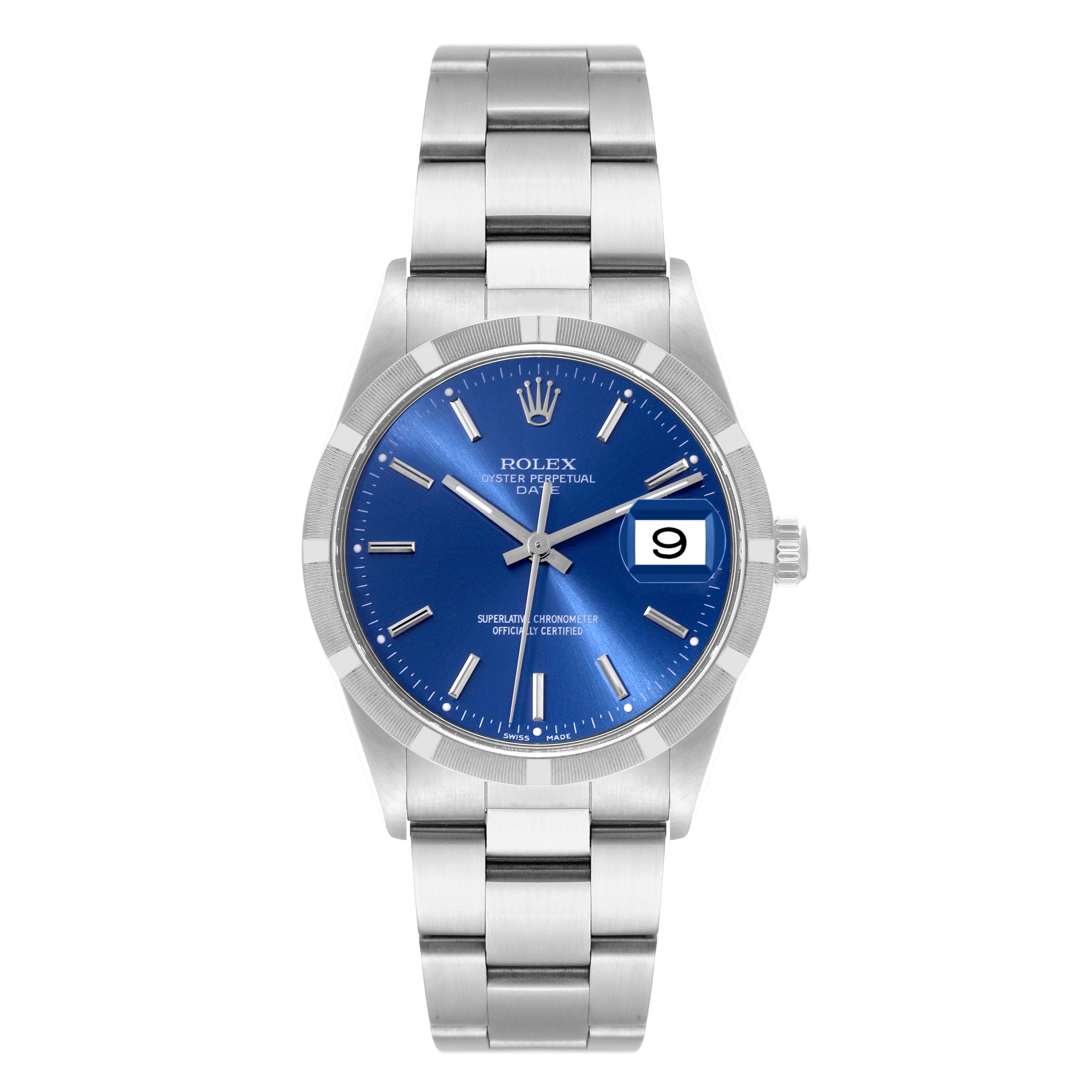 The image shows a Rolex Date 15210 Men's Stainless Steel Blue Dial 15210 Men's Stainless Steel Blue Dial model watch from a front angle, displaying the dial, bracelet, and date window.