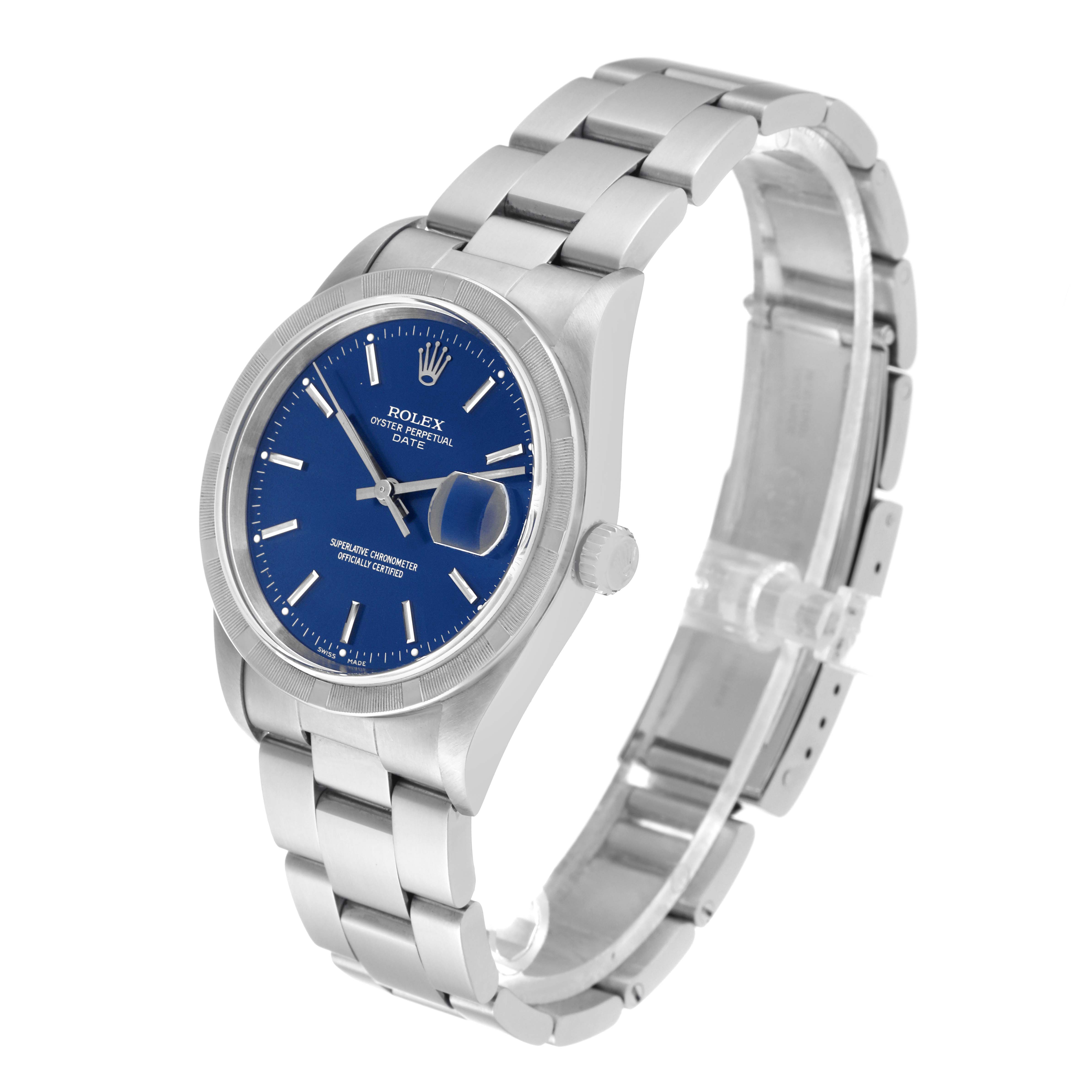 The Rolex Date 15210 Men's Stainless Steel Blue Dial 15210 Men's Stainless Steel Blue Dial model watch is shown at a three-quarter angle, highlighting its face, bezel, crown, and bracelet.