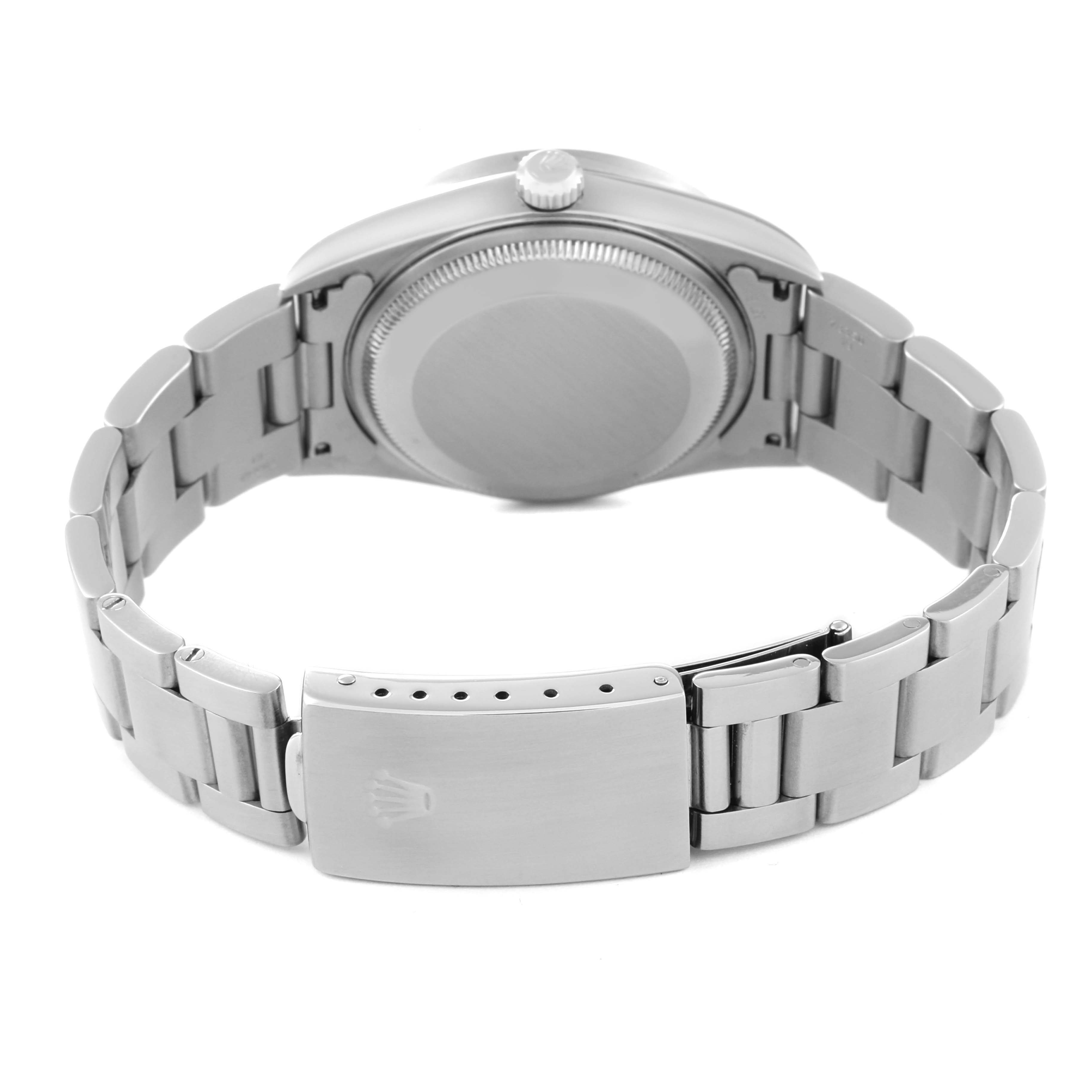 This image shows the stainless steel bracelet and case back of a Rolex Date 15210 Men's Stainless Steel Blue Dial 15210 Men's Stainless Steel Blue Dial model watch from a rear angle.