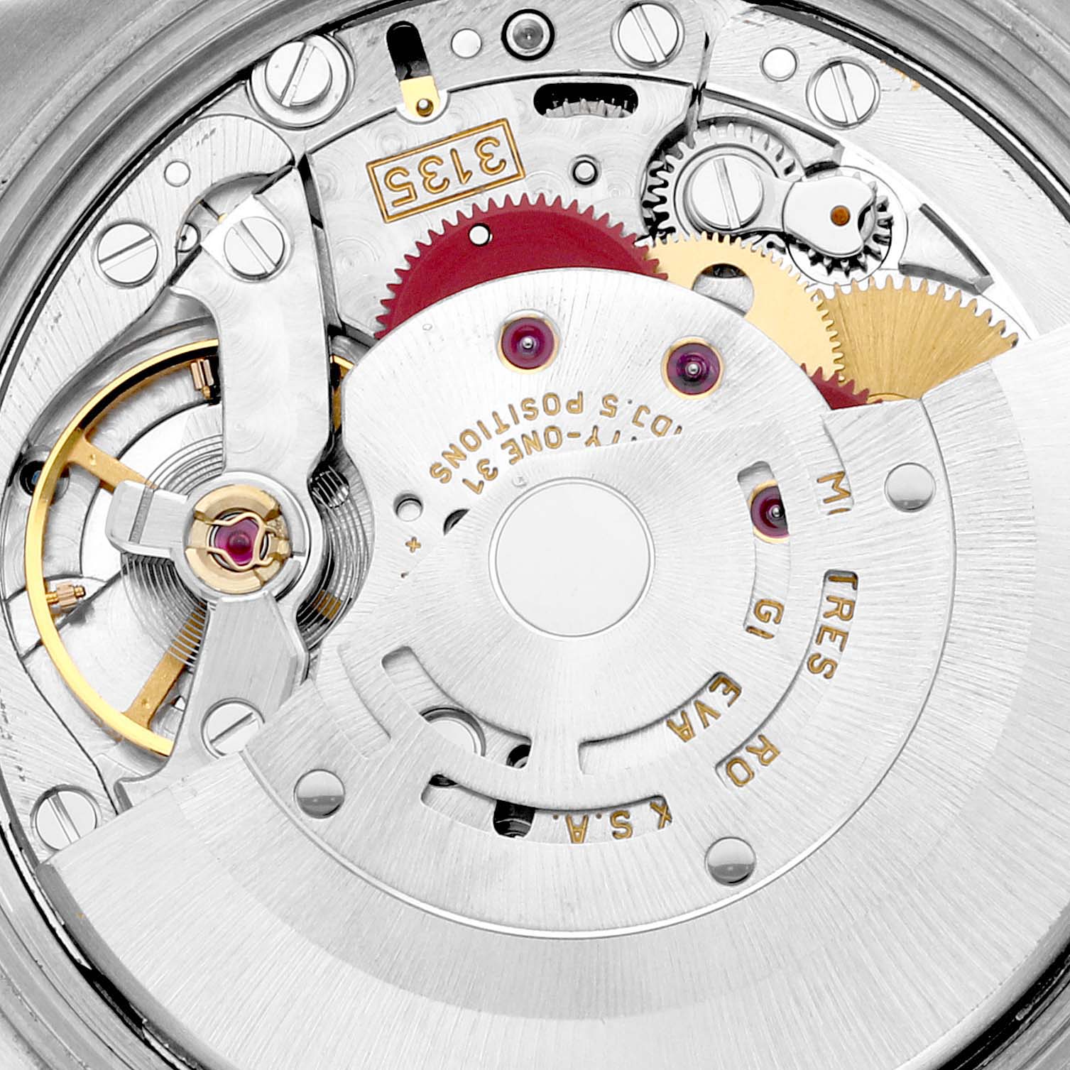 Close-up of the internal mechanism and movement parts of a Rolex Date 15210 Men's Stainless Steel Blue Dial 15210 Men's Stainless Steel Blue Dial model watch, displaying gears and intricate components.
