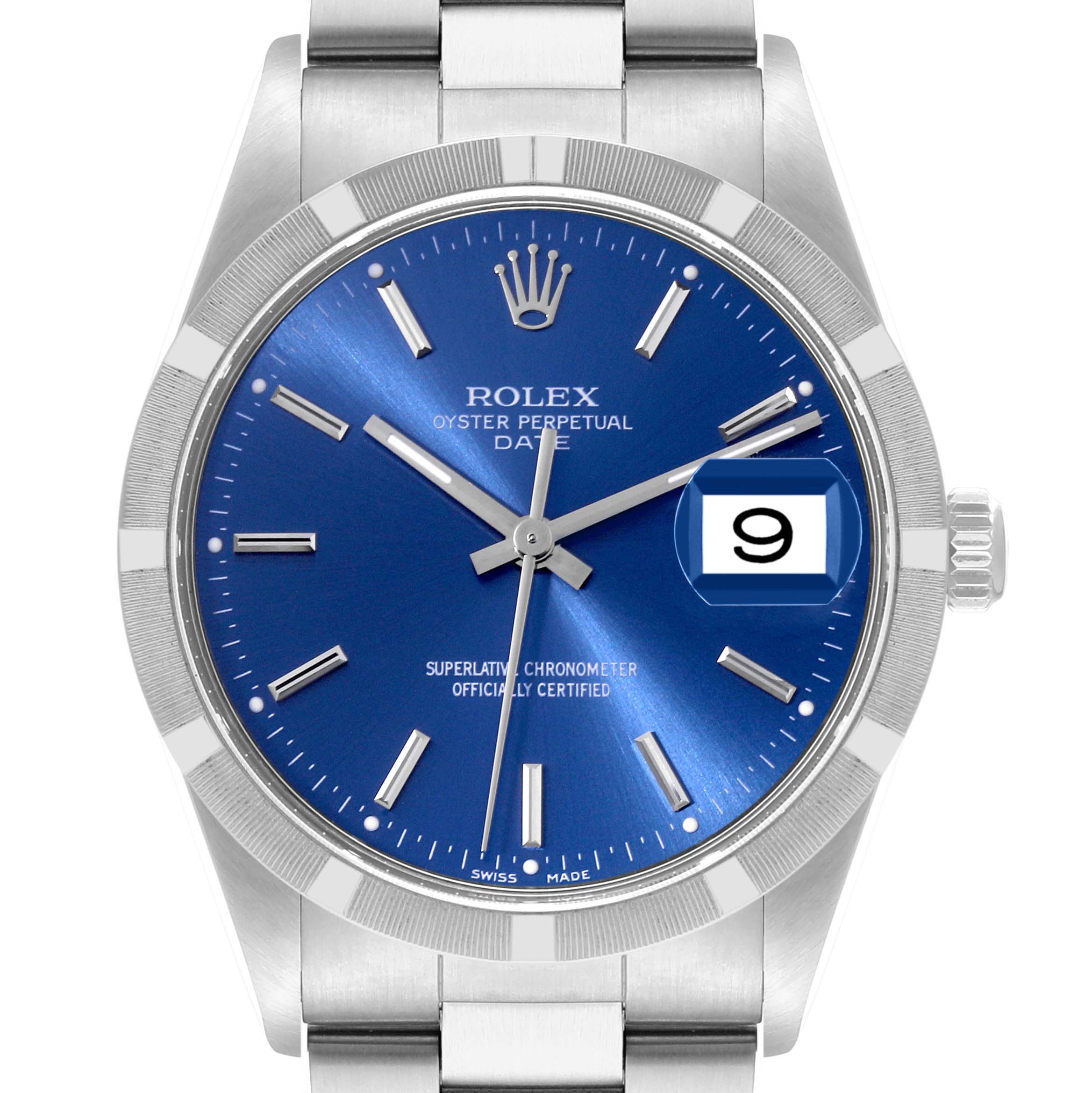 This image shows a frontal view of a Rolex Date 15210 Men's Stainless Steel Blue Dial 15210 Men's Stainless Steel Blue Dial model watch, highlighting its blue dial, date display, and stainless steel bracelet.