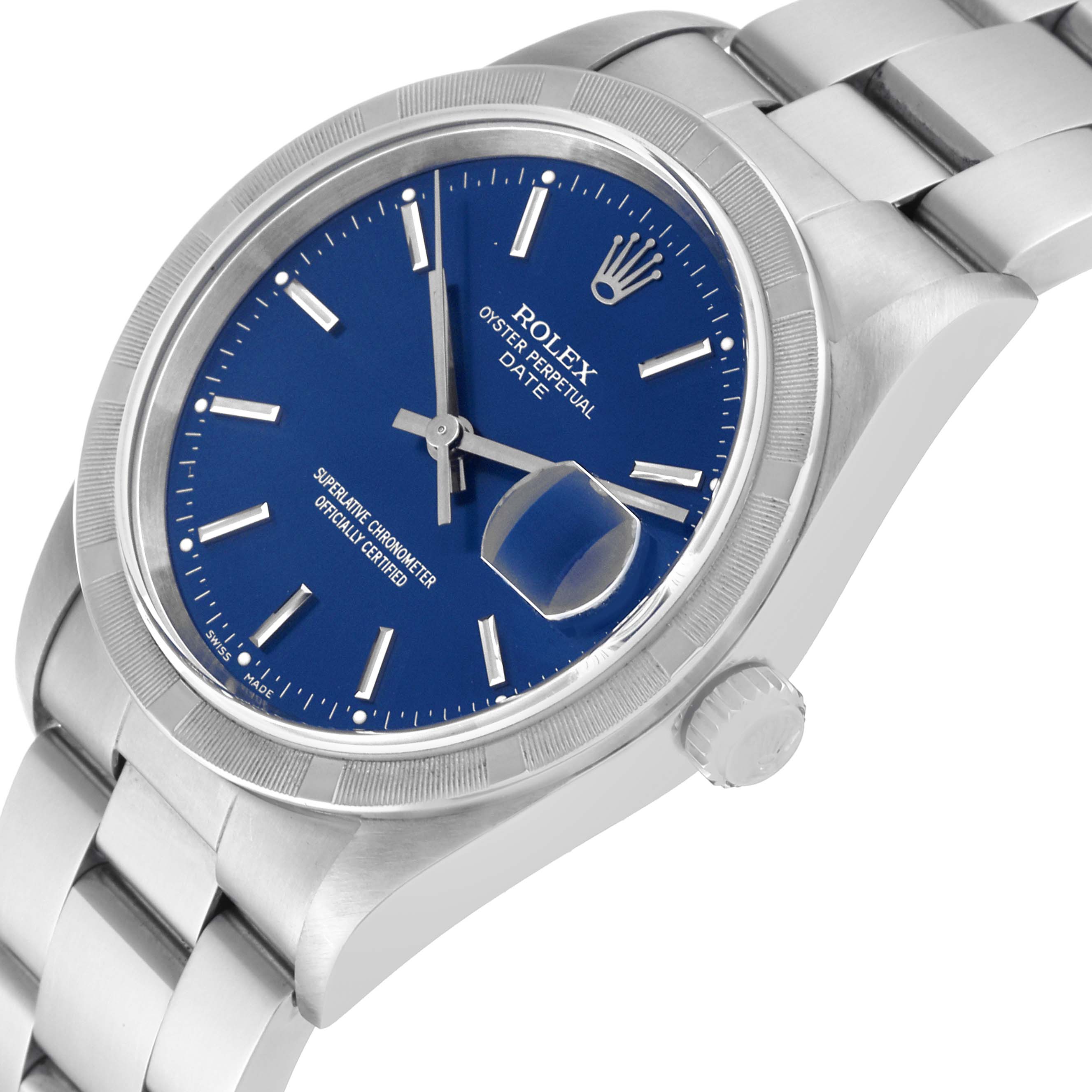 The image shows a Rolex Date 15210 Men's Stainless Steel Blue Dial 15210 Men's Stainless Steel Blue Dial model watch at an angle highlighting the blue dial, date magnifier, crown, and stainless steel bracelet.