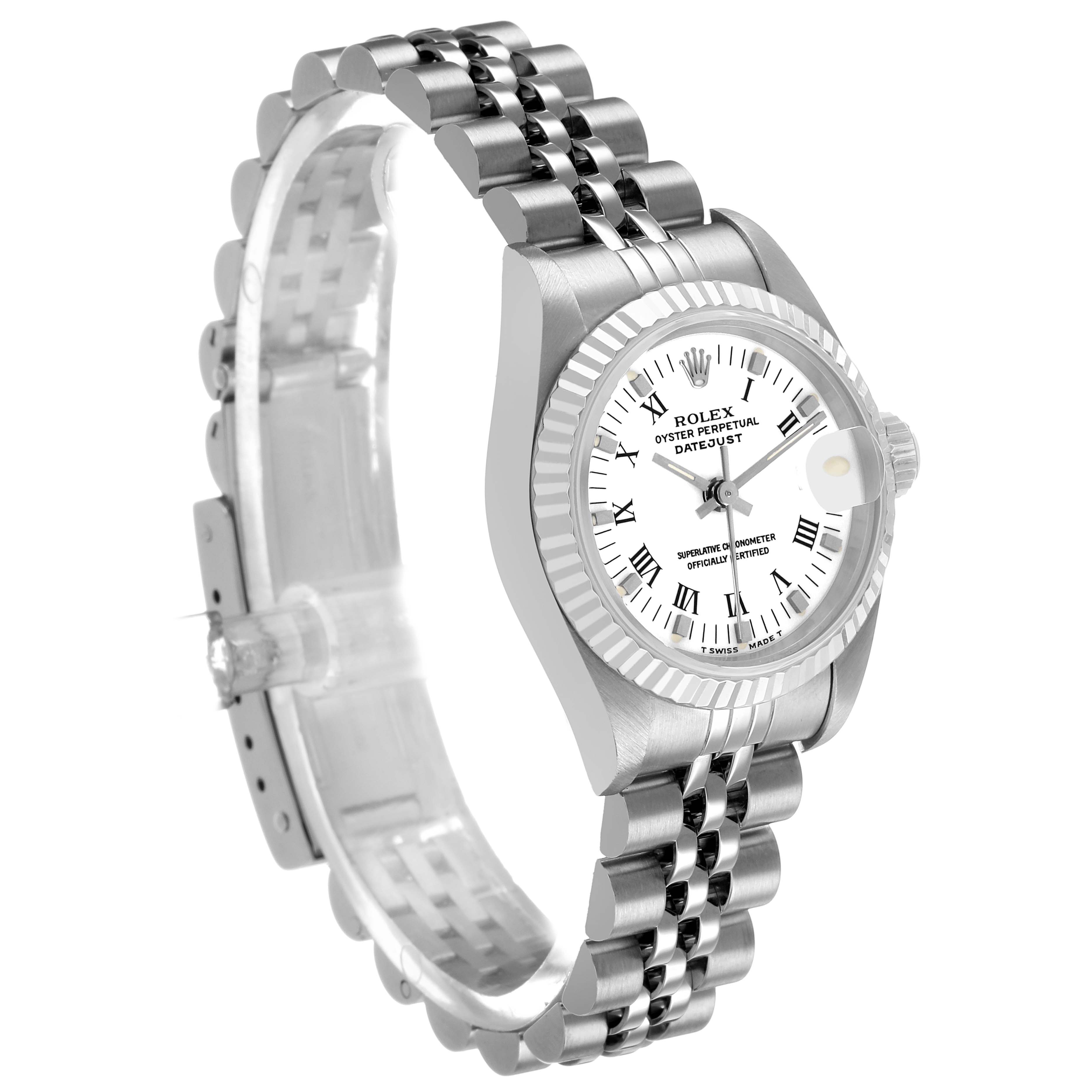 The Rolex Datejust 69174 Women's Stainless Steel White Dial watch is shown at a three-quarter angle, featuring the face, bezel, and bracelet.