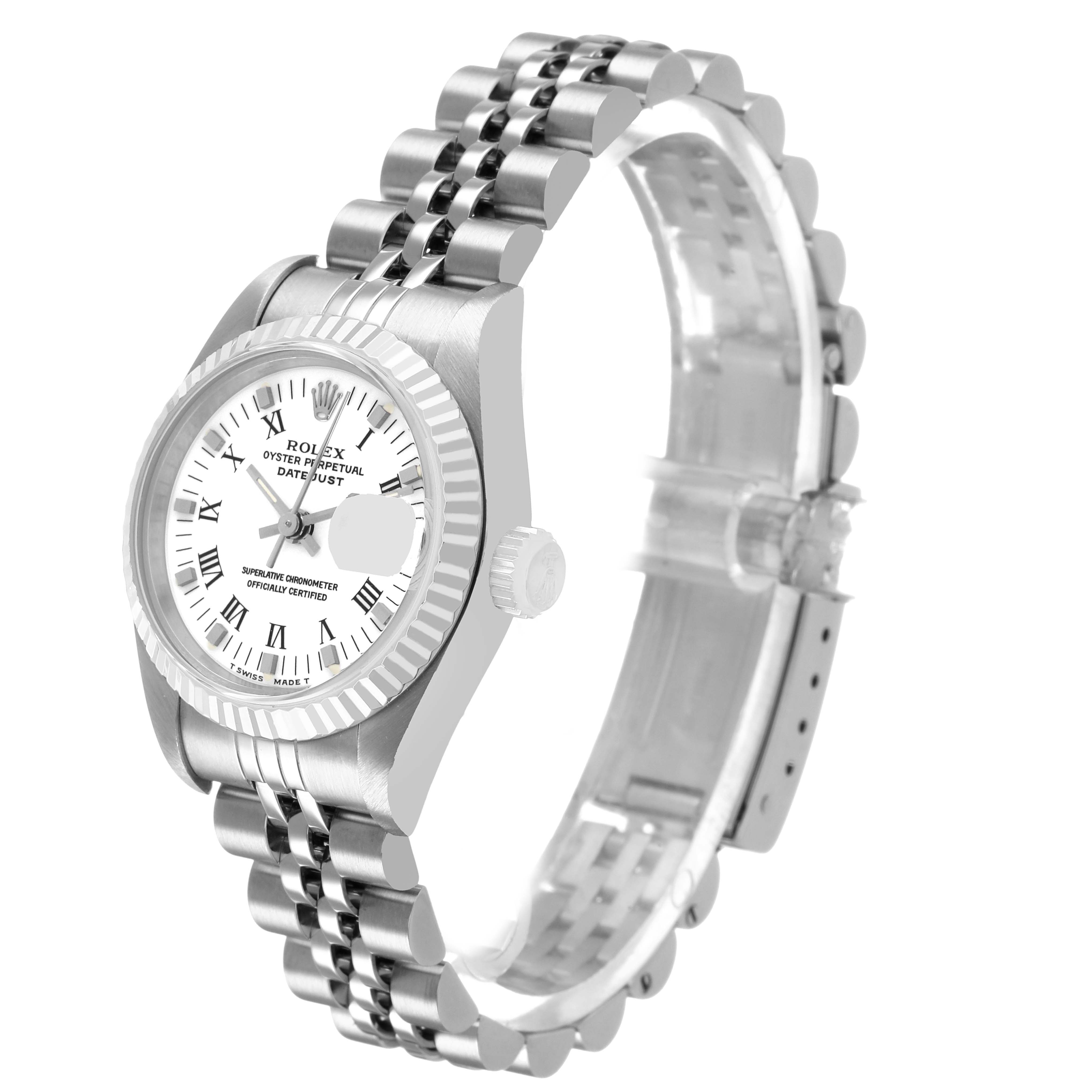 The Rolex Datejust 69174 Women's Stainless Steel White Dial watch is shown at a three-quarter angle, highlighting the dial, bezel, crown, and jubilee bracelet.