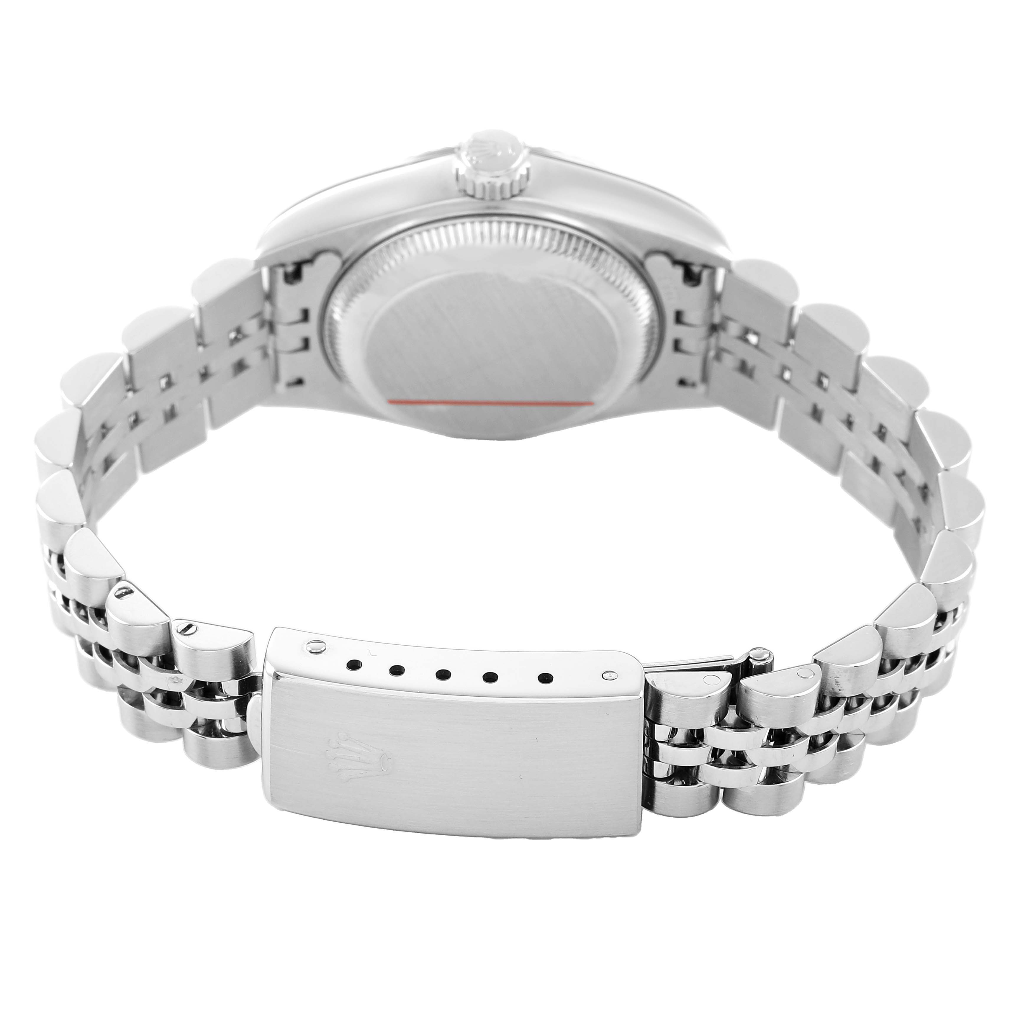 The image shows the back view of a Rolex Datejust 69174 Women's Stainless Steel White Dial watch, displaying the case back, bracelet, and clasp.