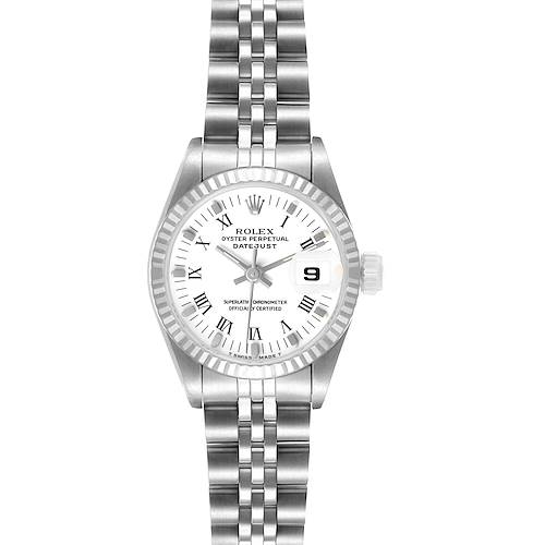 The Rolex Datejust 69174 Women's Stainless Steel White Dial watch is shown from a front angle, displaying the dial, bezel, and bracelet clearly.