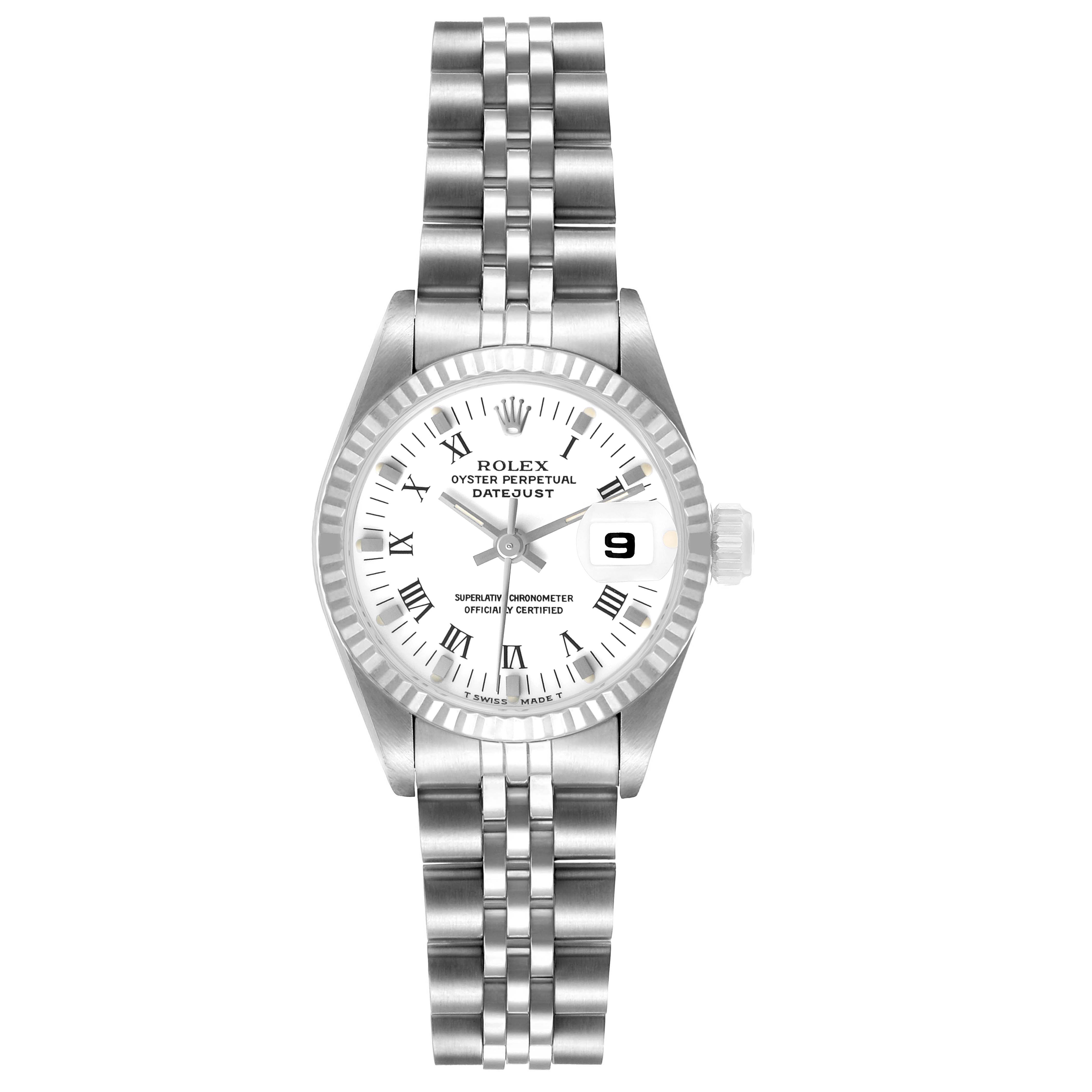 The image shows a frontal view of the Rolex Datejust 69174 Women's Stainless Steel White Dial watch, highlighting the dial, bezel, and bracelet.