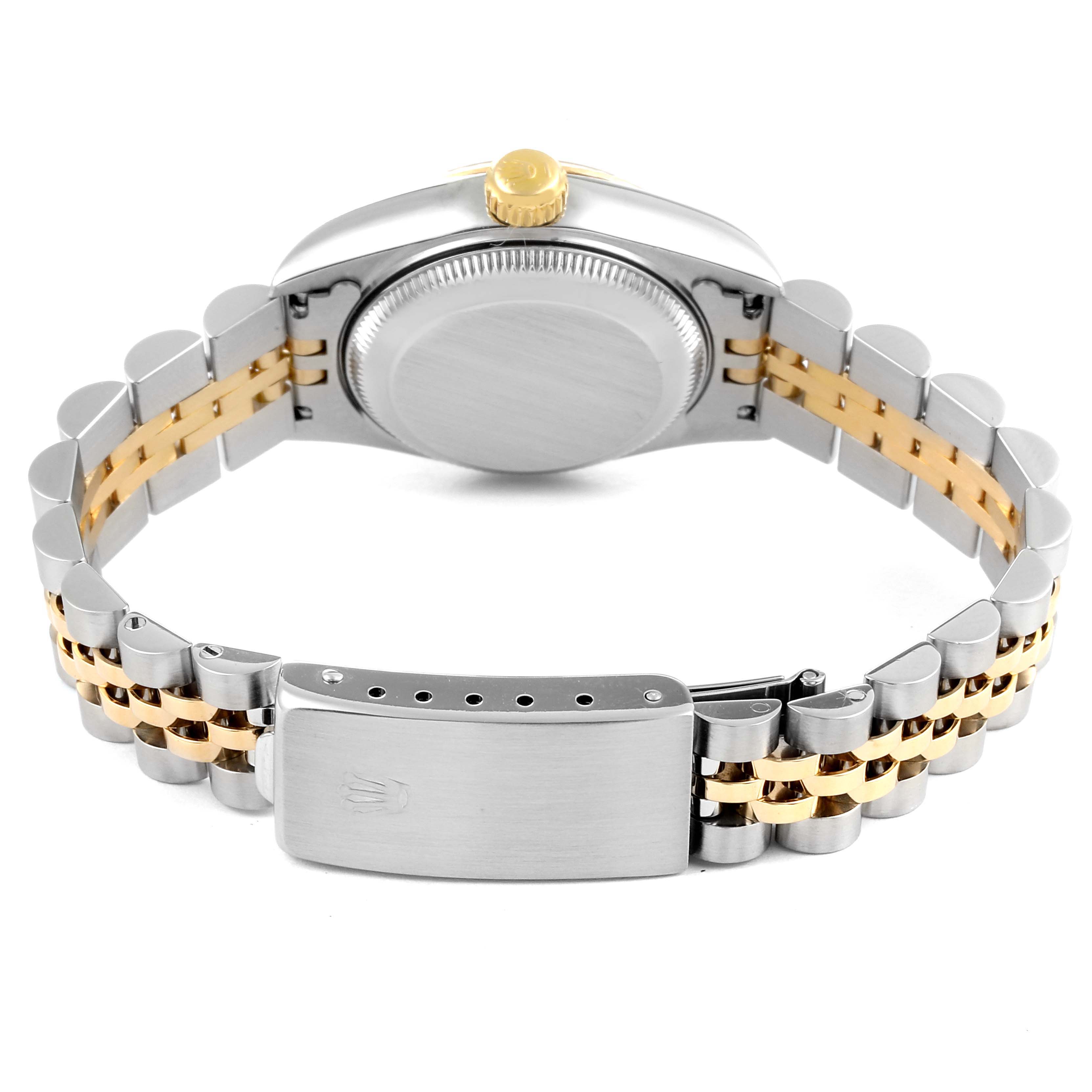 This image shows the back of a Rolex Datejust 69173 Women's Steel and Gold (two tone) Champagne Dial 69173 Women's Steel and Gold (two tone) Champagne Dial watch, including the caseback, bracelet, and clasp.