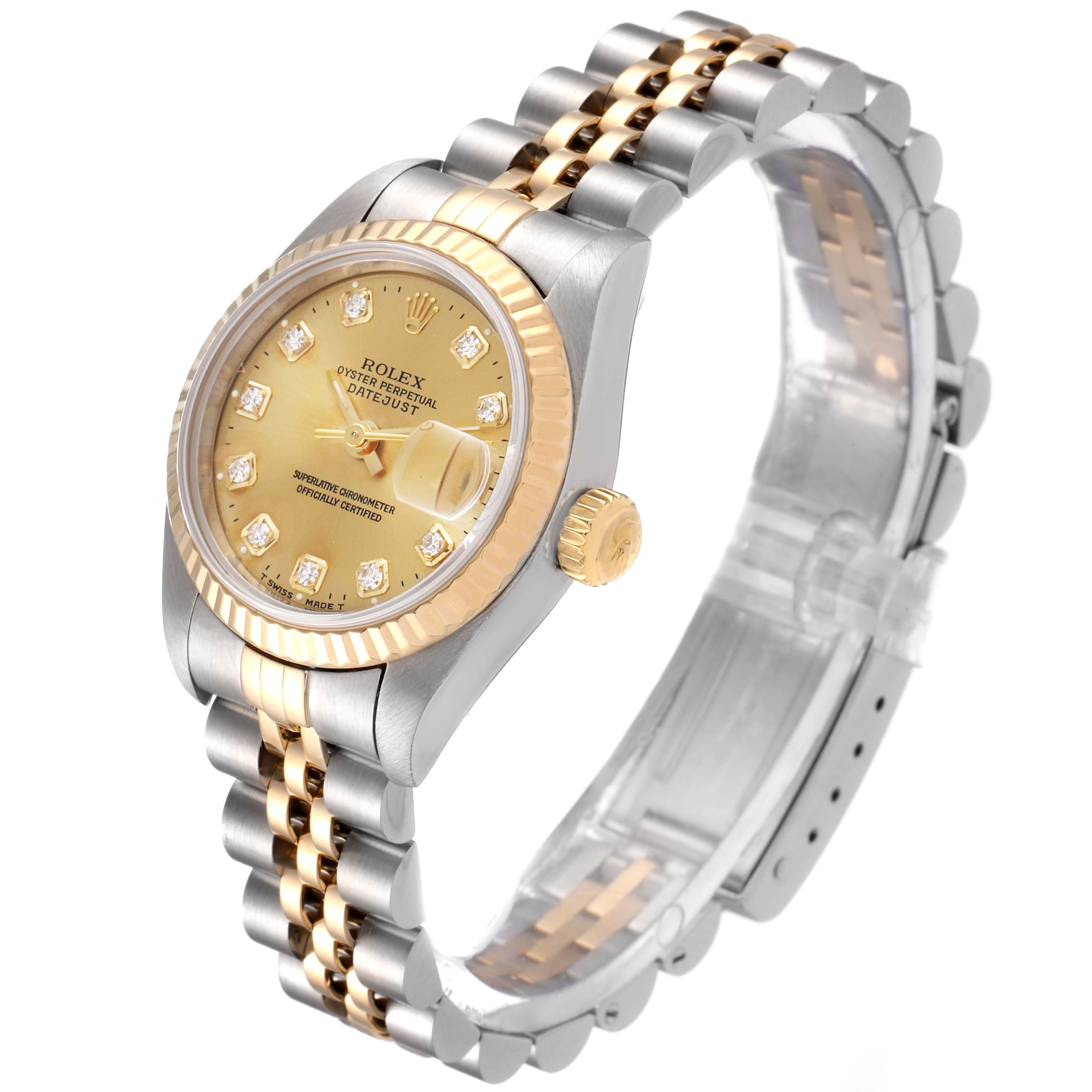 This Rolex Datejust 69173 Women's Steel and Gold (two tone) Champagne Dial 69173 Women's Steel and Gold (two tone) Champagne Dial watch is shown from an angled perspective, displaying its dial, bezel, crown, and two-tone bracelet clearly.