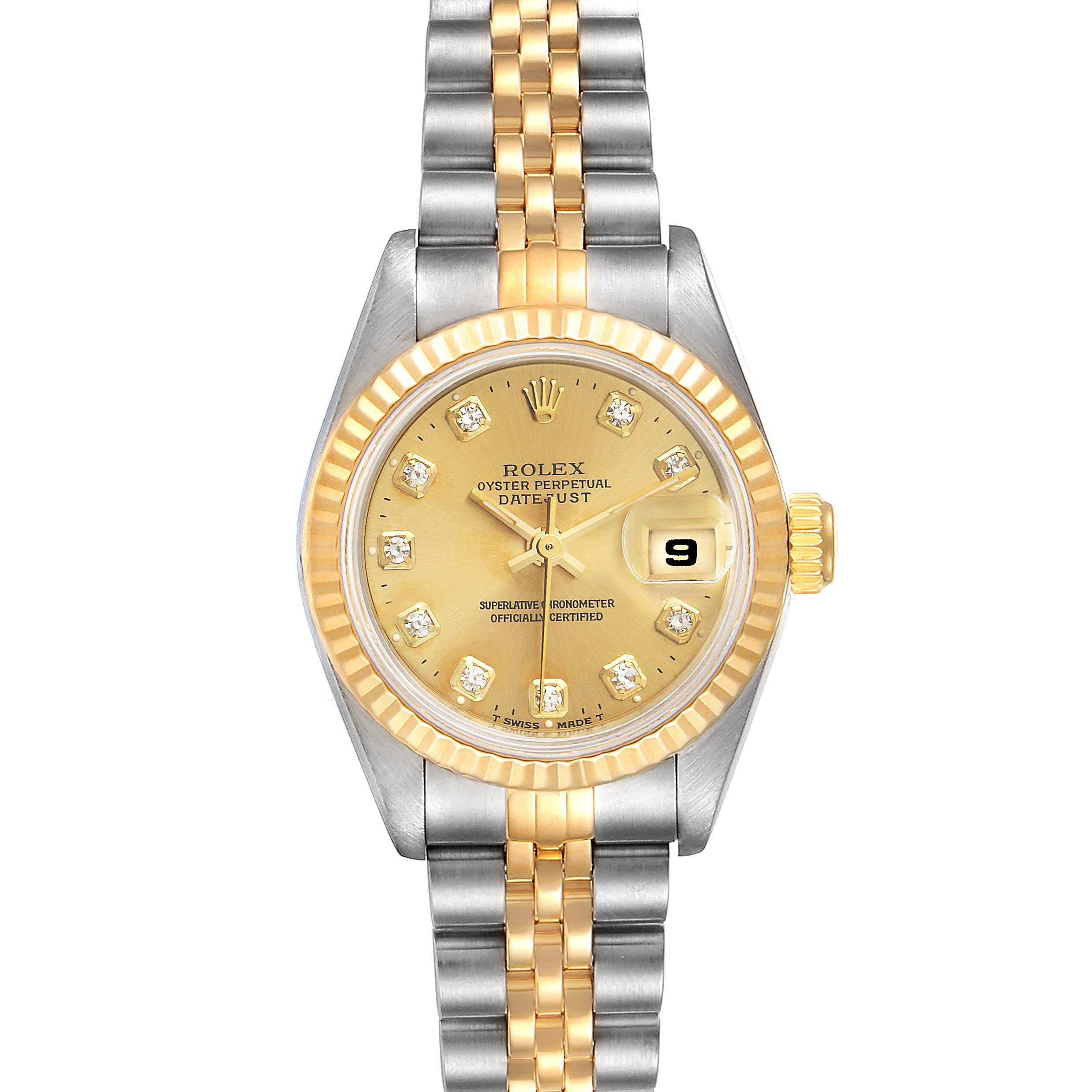 The image shows a front view of the Rolex Datejust 69173 Women's Steel and Gold (two tone) Champagne Dial 69173 Women's Steel and Gold (two tone) Champagne Dial watch featuring a two-tone bracelet, gold dial, diamond hour markers, and date display.