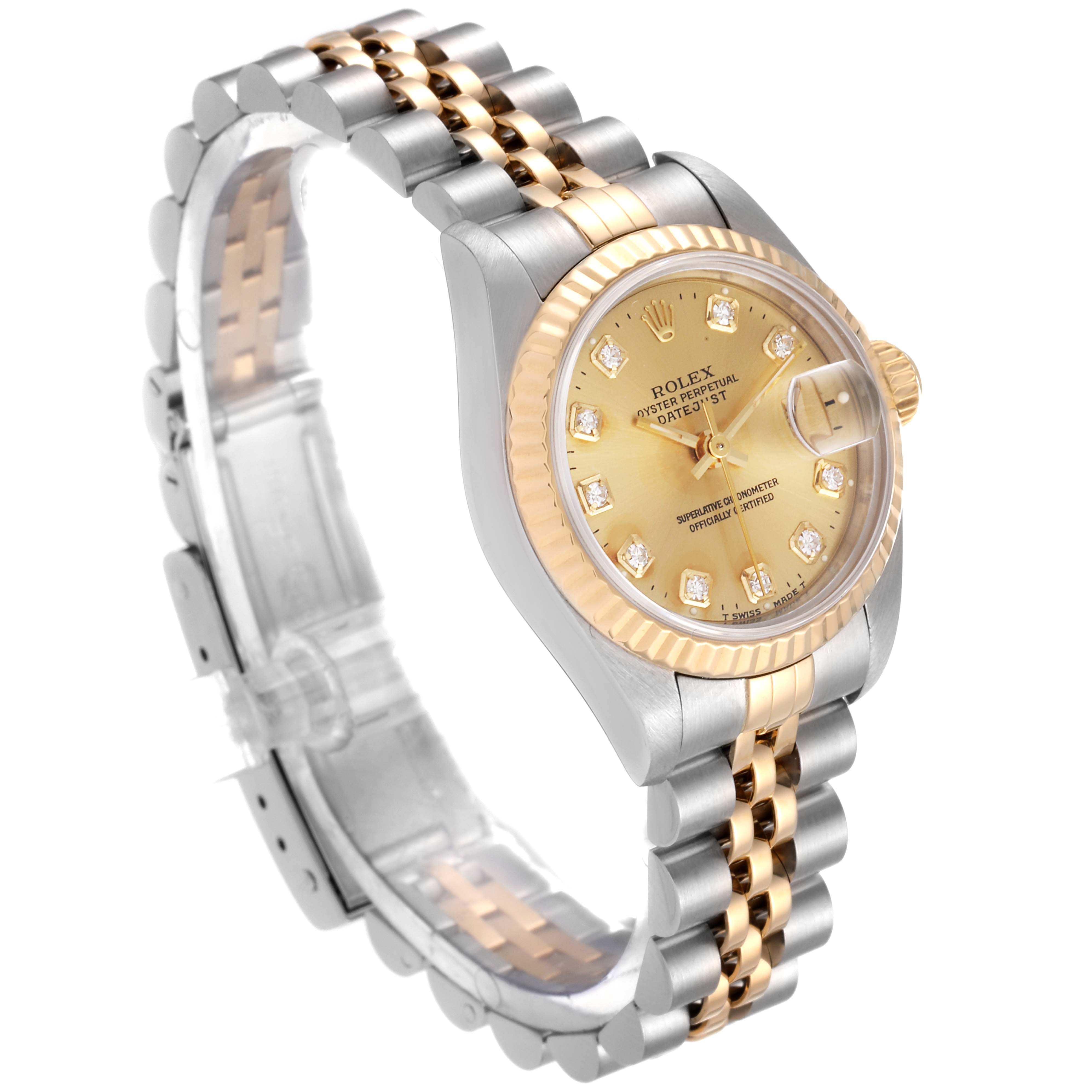The image shows the Rolex Datejust 69173 Women's Steel and Gold (two tone) Champagne Dial 69173 Women's Steel and Gold (two tone) Champagne Dial watch at an angled view, highlighting its dial, bezel, and two-tone bracelet.