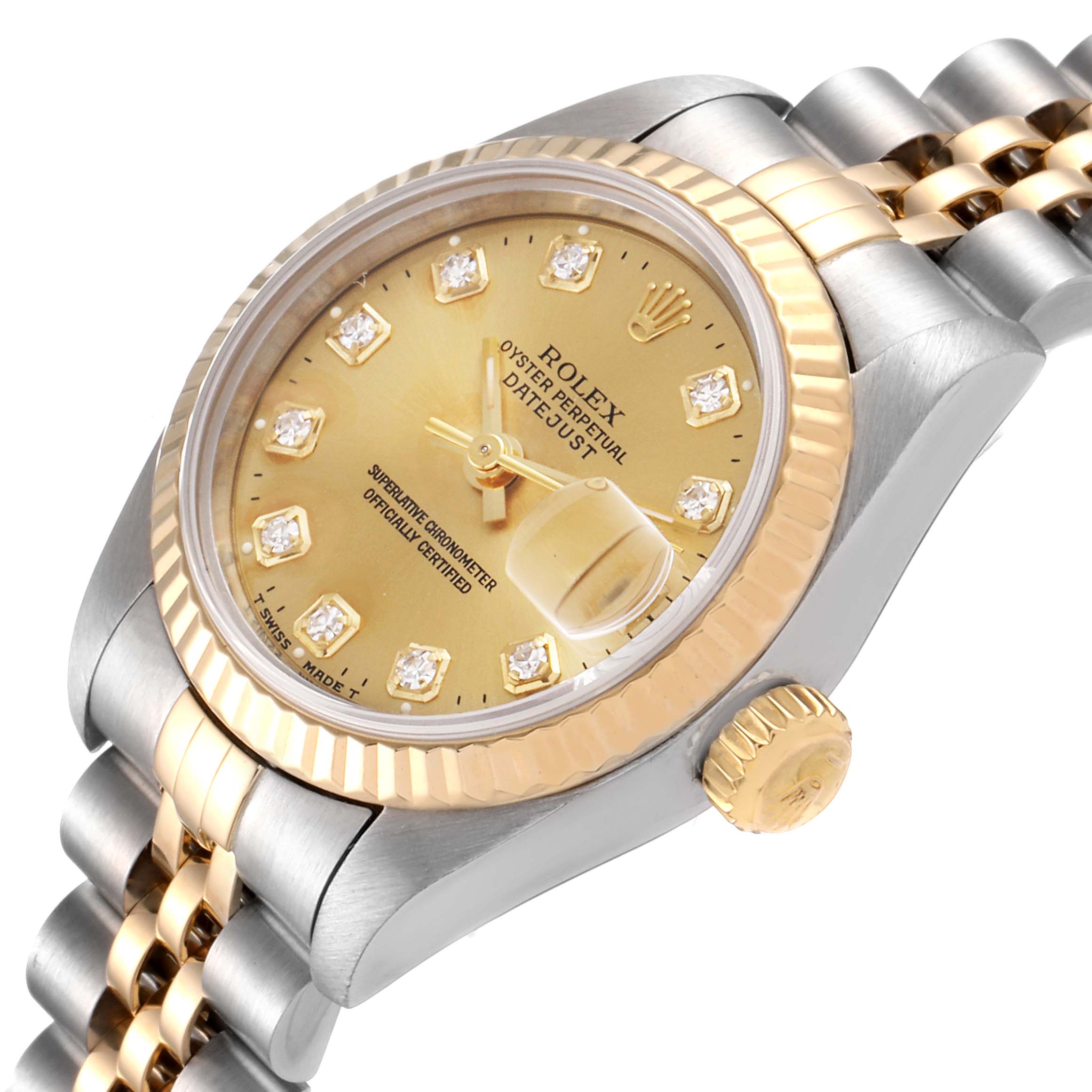 The image shows a Rolex Datejust 69173 Women's Steel and Gold (two tone) Champagne Dial 69173 Women's Steel and Gold (two tone) Champagne Dial watch at a slightly tilted angle, displaying the dial, bezel, crown, and bracelet.