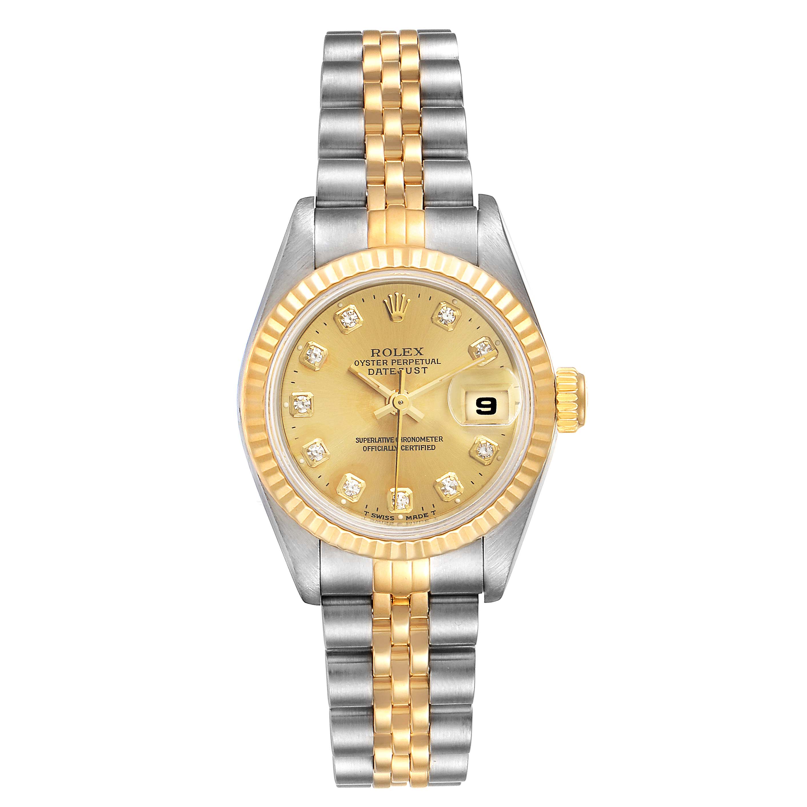 This image shows a frontal view of the Rolex Datejust 69173 Women's Steel and Gold (two tone) Champagne Dial 69173 Women's Steel and Gold (two tone) Champagne Dial watch, highlighting the dial, bezel, crown, and bracelet.