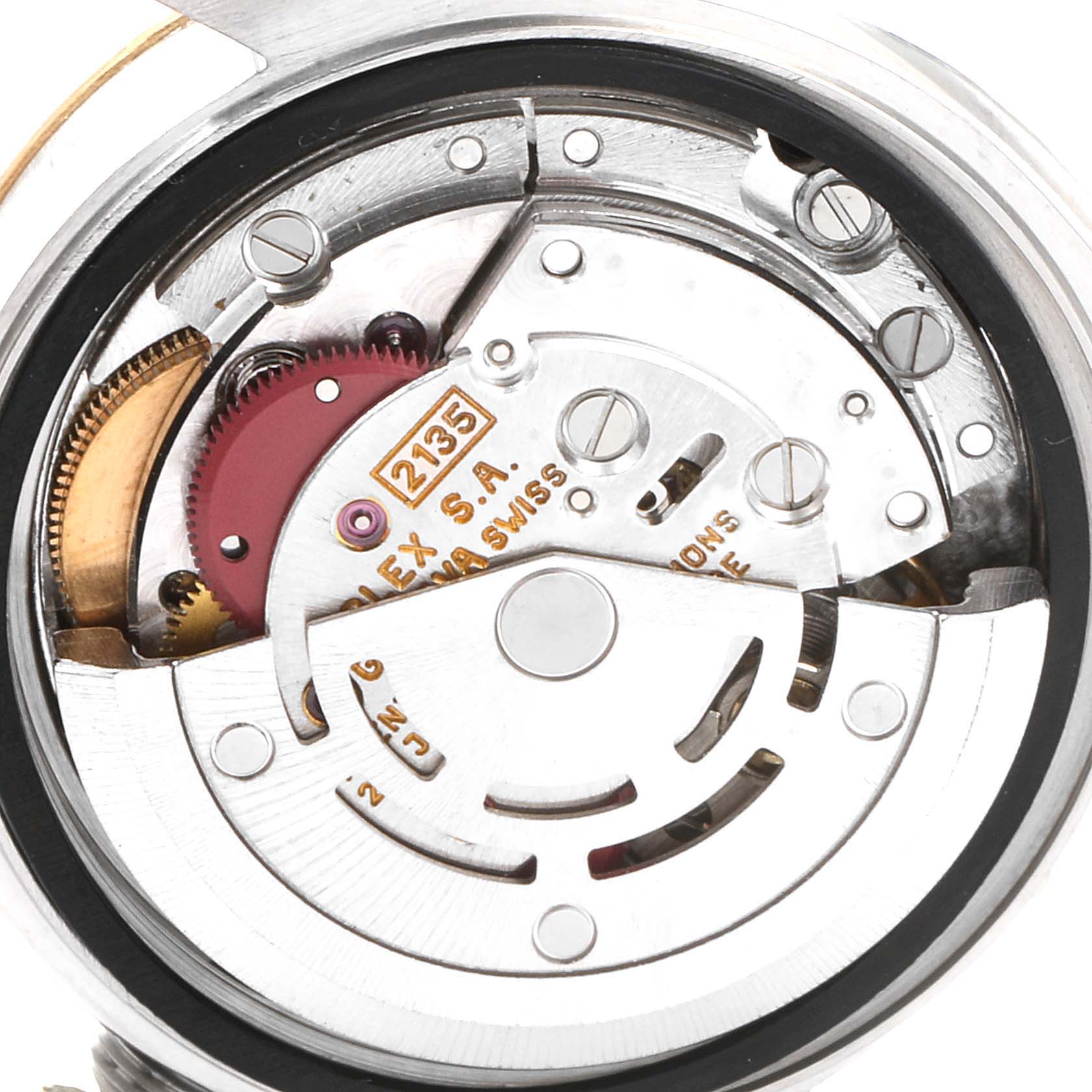 The image shows the internal movement mechanism of a Rolex Datejust 69173 Women's Steel and Gold (two tone) Champagne Dial 69173 Women's Steel and Gold (two tone) Champagne Dial watch from an angled top view.