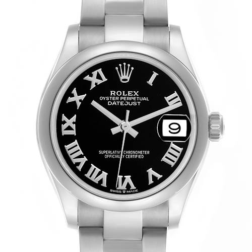 This Rolex Datejust watch is shown from a front angle, featuring its dial, bezel, and part of the bracelet.